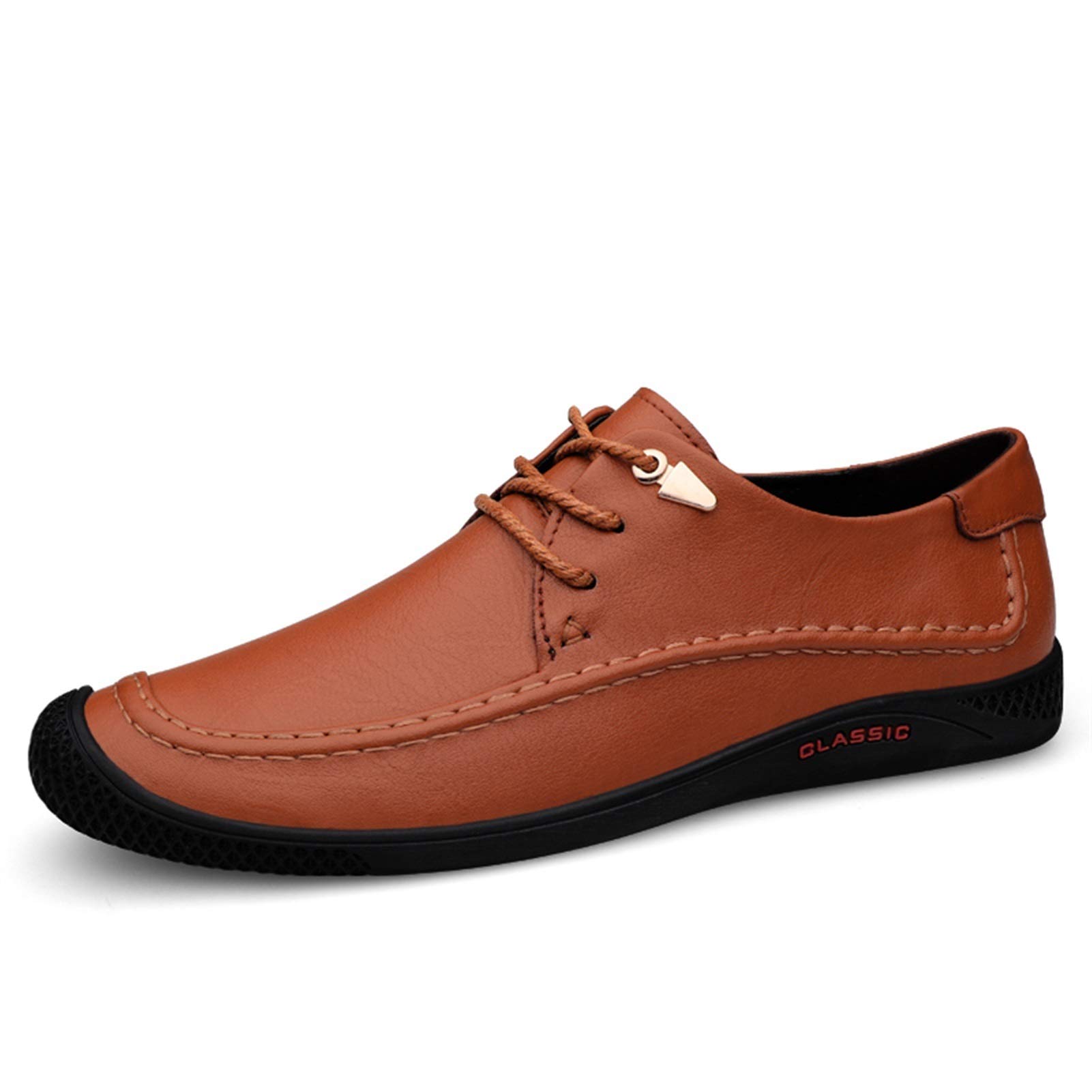 Men's Leather Dress Shoes - Oxford Lace Up Derby Business Shoes with Anti-Slip Block Heel (Reddish Brown, Size 7) | Formal Office Wear & Wedding Attire