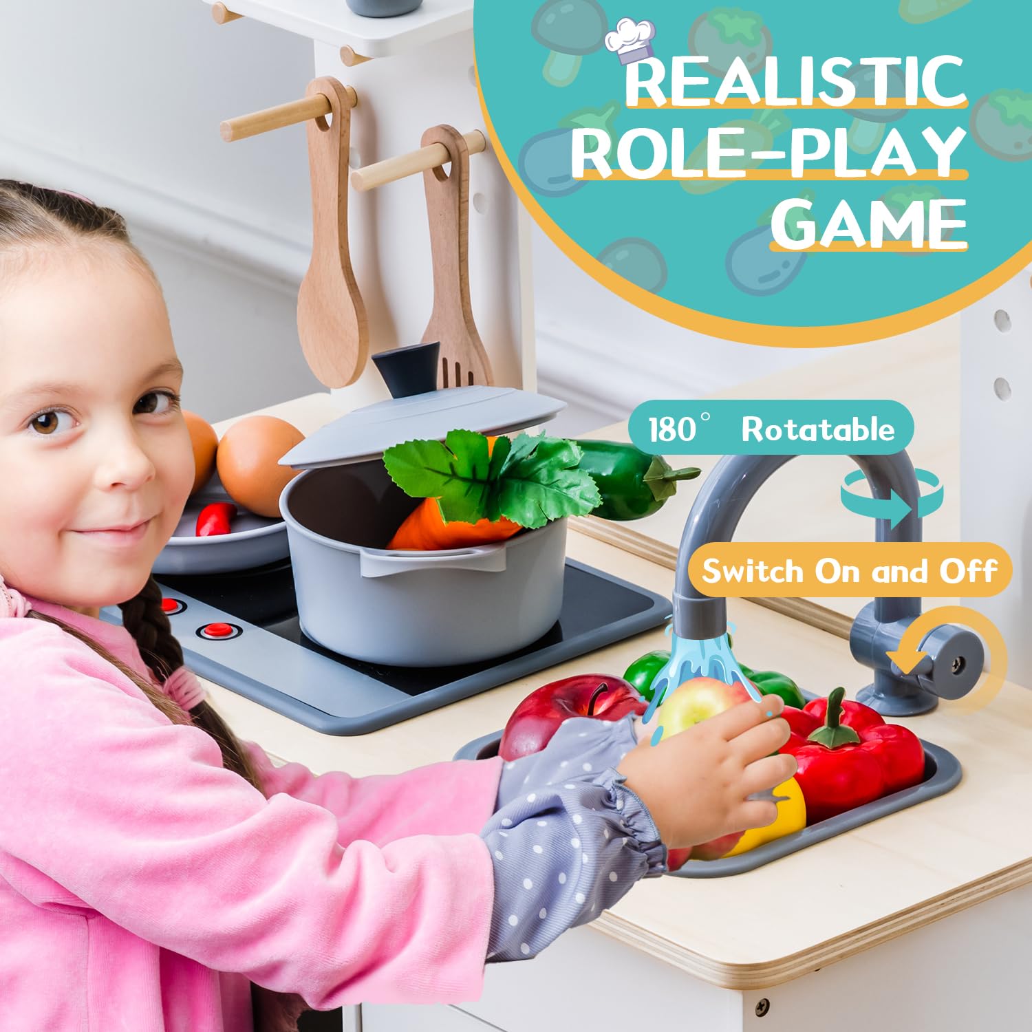 **Deli Kids Wooden Play Kitchen Set for Toddlers - Realistic Lights & Sounds, Stove, Oven, Ice Maker, Sink & Faucet - Pretend Cooking Toy for Imaginative Play & Role-Playing Fun**