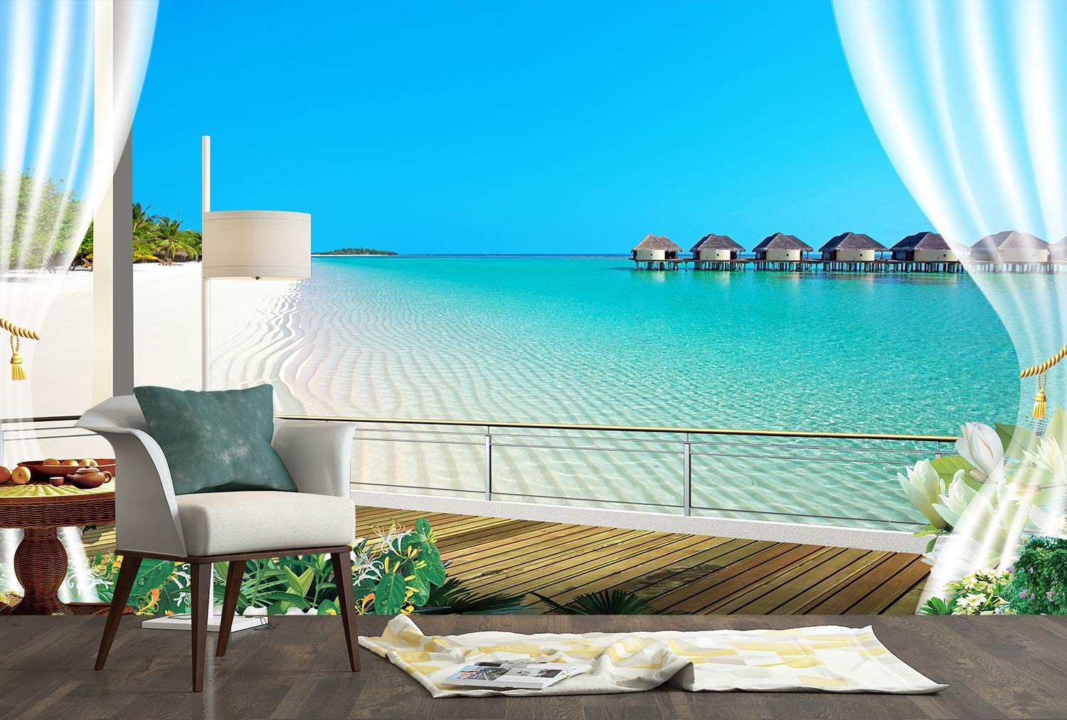 FLFK 3D Window View Peel and Stick Wall Mural - Beach Ocean Seascape Backdrop - Self-Adhesive Removable Wallpaper for Bedroom, Living Room, Office Decor (118