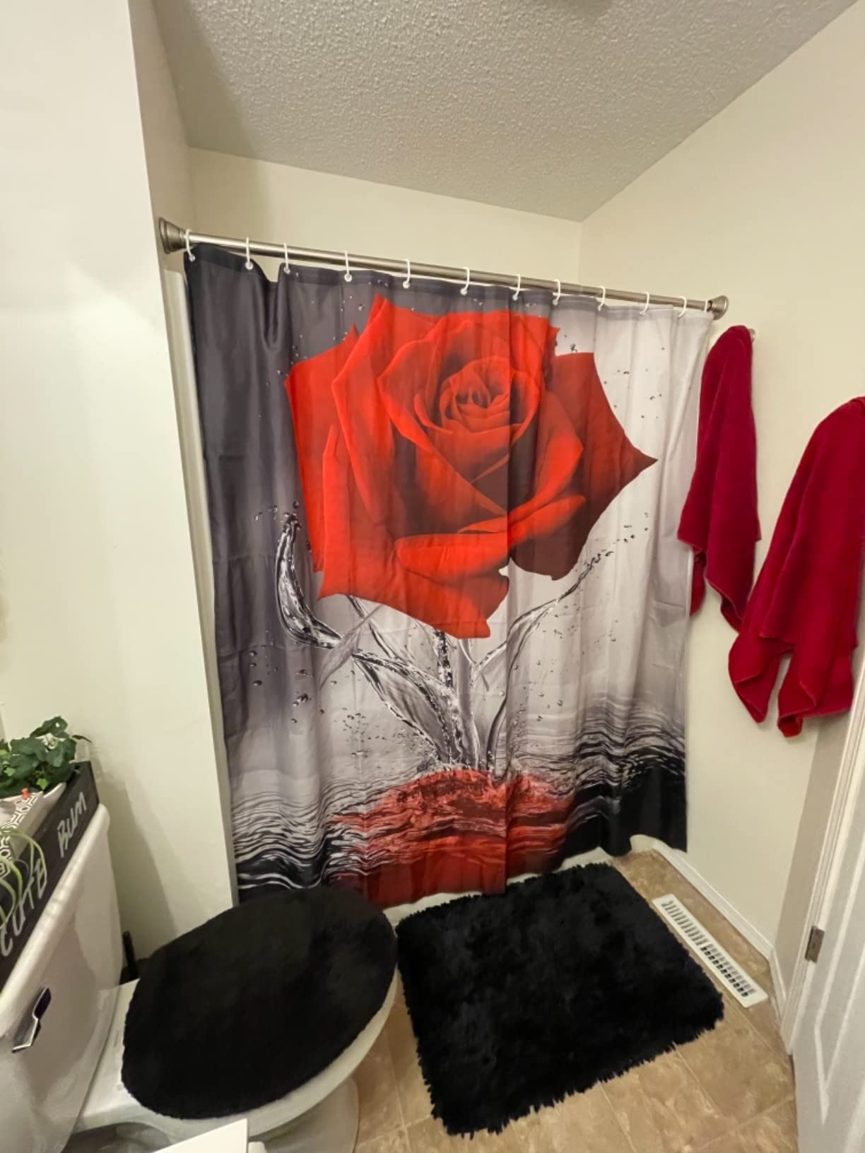 Romantic Red Rose Shower Curtain with Floral Blossom Design - Water Reflection Pattern Fabric Bath Curtain in Black & Red - Machine Washable 69x75 Inches for Bathroom Decor & Spa-Like Experience