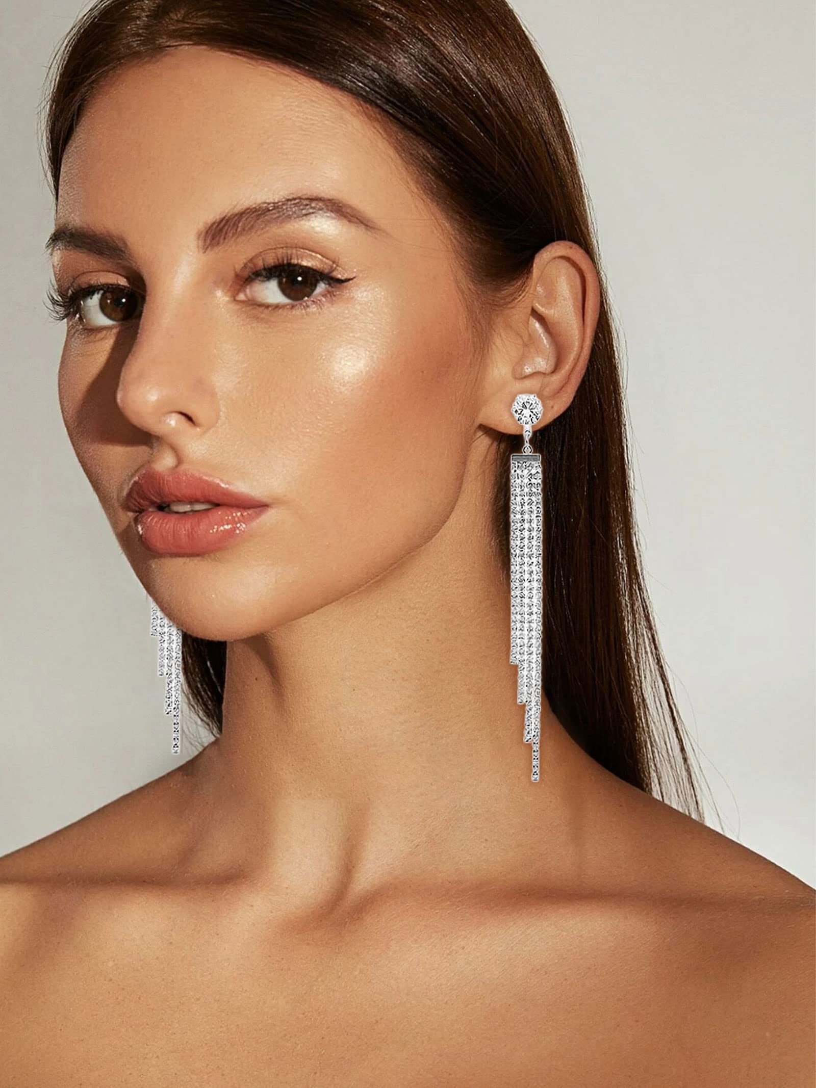 Sparkly Rhinestone Bow Dangle Earrings for Women - Trendy Silver Crystal Long Tassel Earrings | Perfect Christmas Gifts 2024 | Elegant for Parties, Weddings & Special Occasions