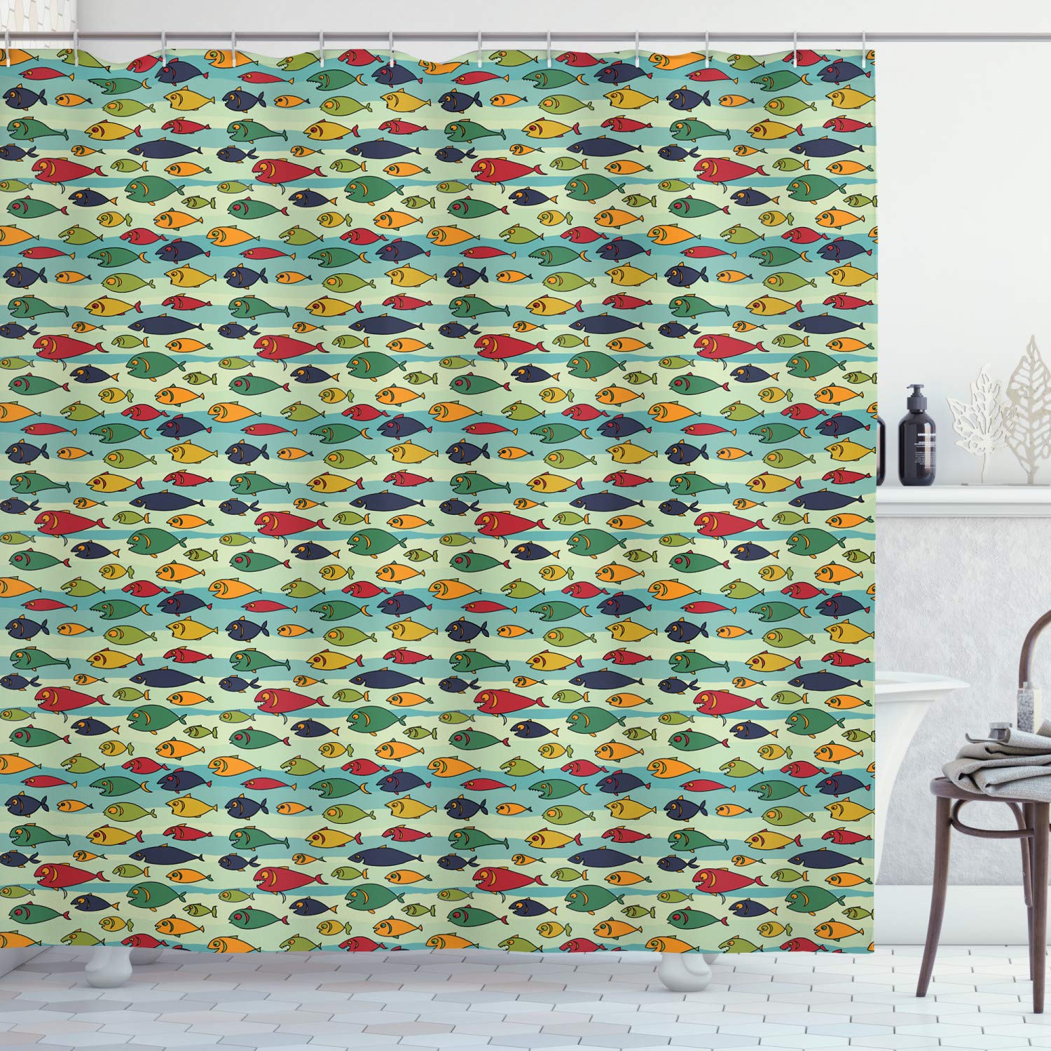 Ambesonne Fish Shower Curtain - Hungry Piranhas Ocean Wildlife Design, 69x84 Inch Waterproof Fabric Bathroom Decor with Hooks, Multicolor - Perfect for Tropical & Nautical Themed Bathrooms
