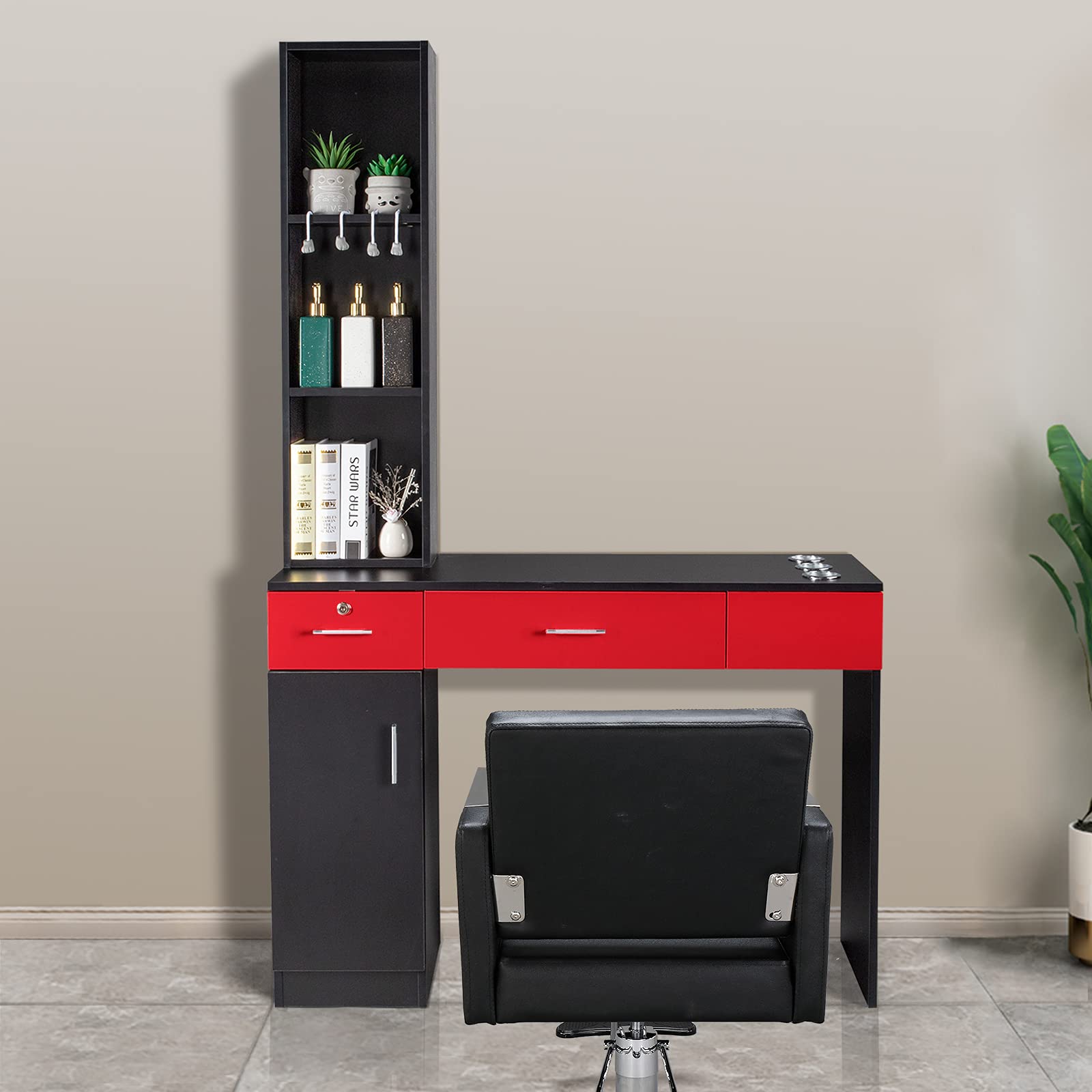 Professional Salon Station for Hair Stylists - Locking Barber Station Organizer with 2 Drawers, 1 Storage Cabinet & 3 Open Shelves - Wall Mounted Hair Styling Equipment for Beauty Salon, Spa or Home Barber Setup (Black & Red) - Perfect for Small Spaces & Professional Hairdressing Services
