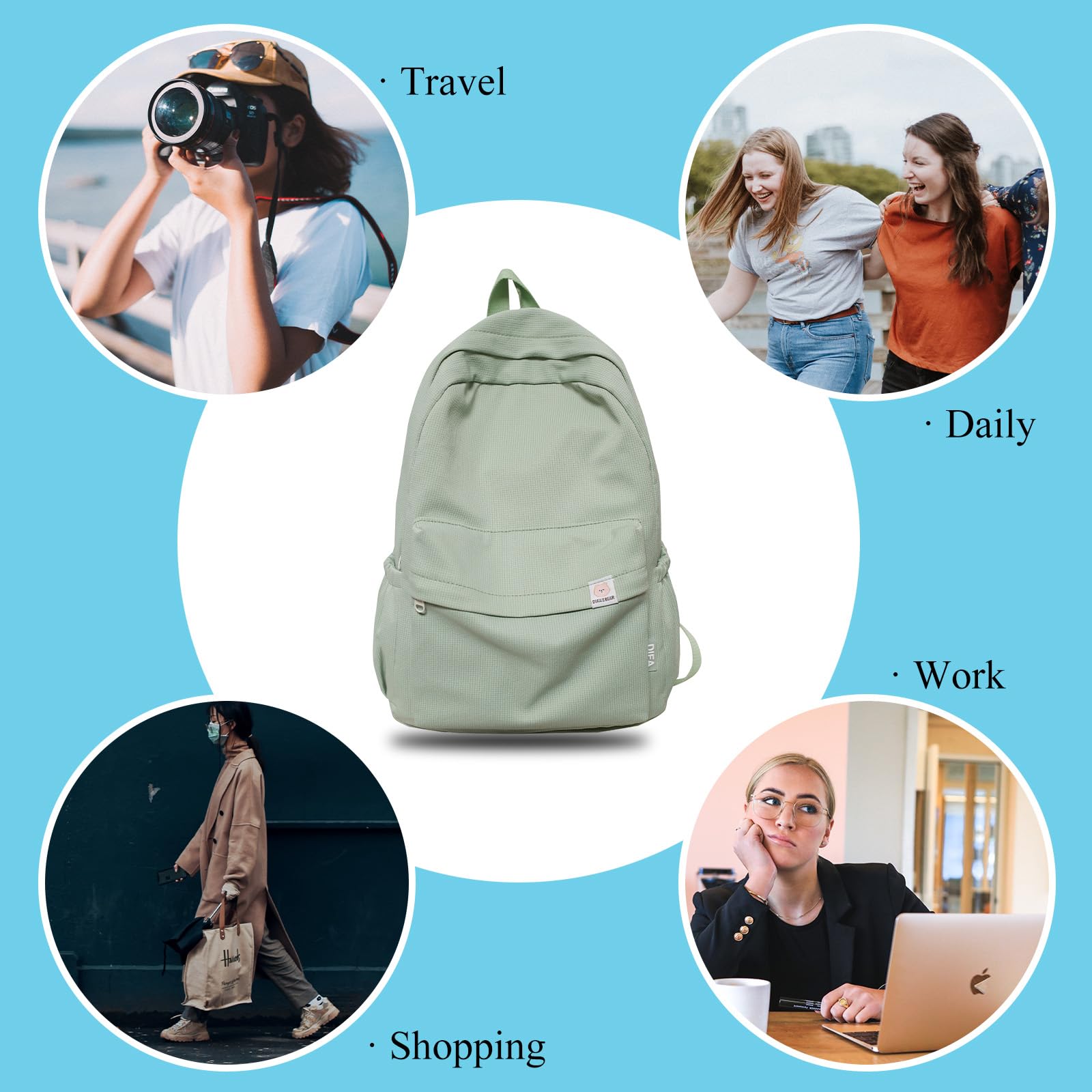 Cute Aesthetic Backpack for Women - Simple Solid Color Y2K Kawaii Laptop Backpack for Travel, School & Work (Green) | Lightweight & Durable Everyday Carry Bag