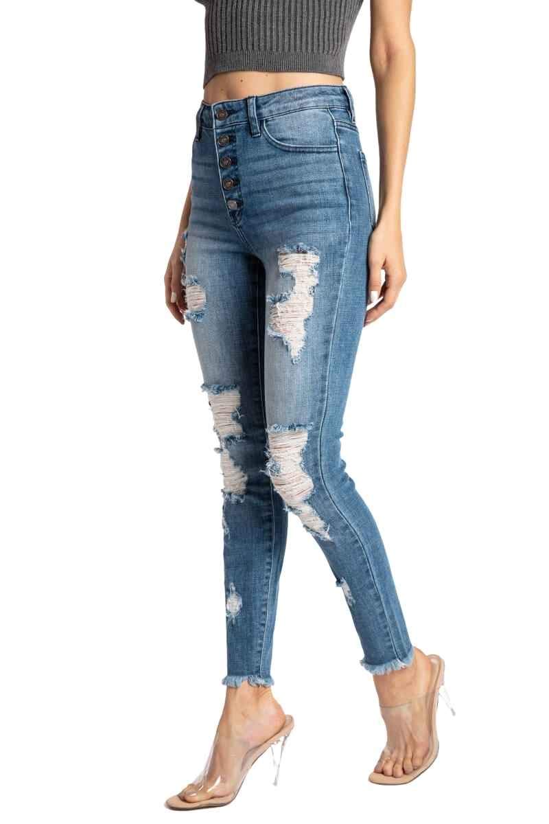 Kan Can Women's High Rise Button Fly Distressed Super Skinny Jeans | Vintage Stretch Denim Pants for Casual Wear, Night Out & Everyday Fashion