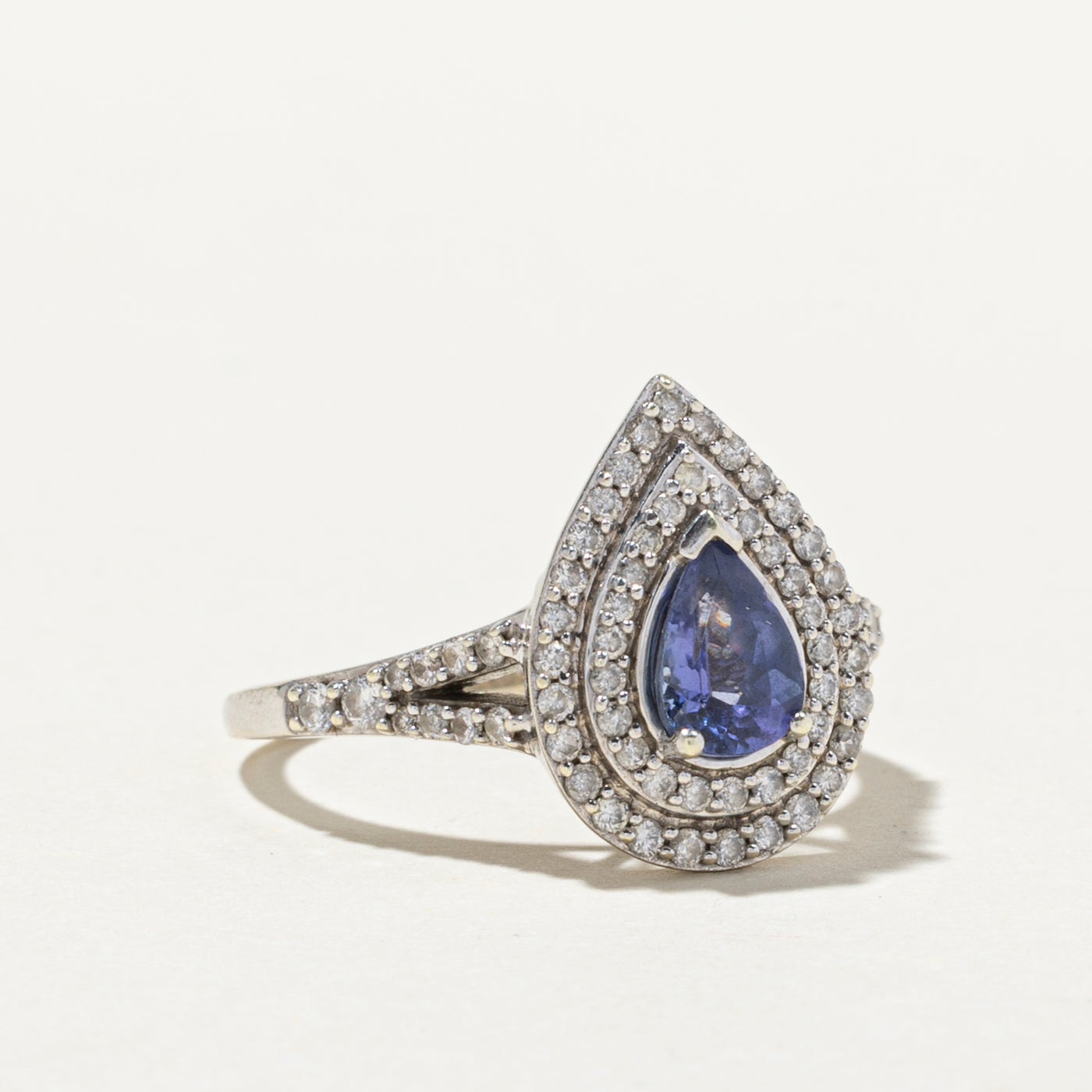 Pear Cut Tanzanite & Diamond Halo Engagement Ring | 0.68ct Tanzanite & 0.58ctw Diamond | Size 7.5 | Elegant Wedding Band, Anniversary Gift for Her, Promise Ring for Special Occasions