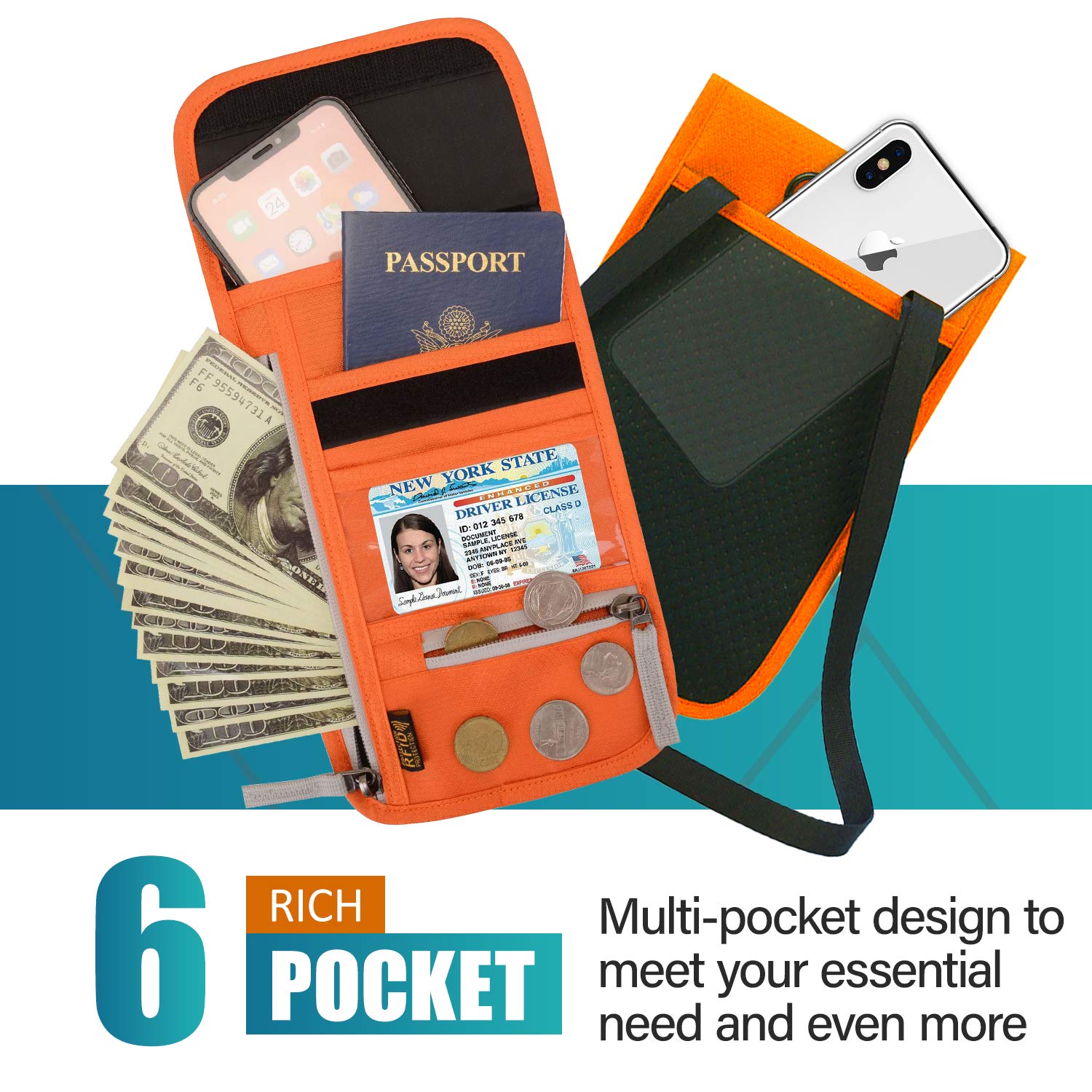 RFID Blocking Travel Neck Wallet for Men & Women - Slim Passport Holder & Document Pouch with Lanyard - Perfect for Airports, Vacations & Family Trips