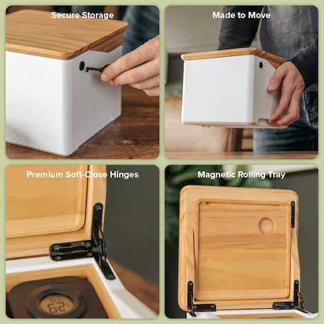 Premium STO Storage Box with Lock & Magnetic Tray - 2 Airtight Glass Jars with Digital Hygrometers - Large Organizer Box with Accessory Compartment - Solid New Zealand Pine Wood Lid & White Base - Perfect for Storing Herbs, Spices, Tea, Coffee & Valuables at Home or Office