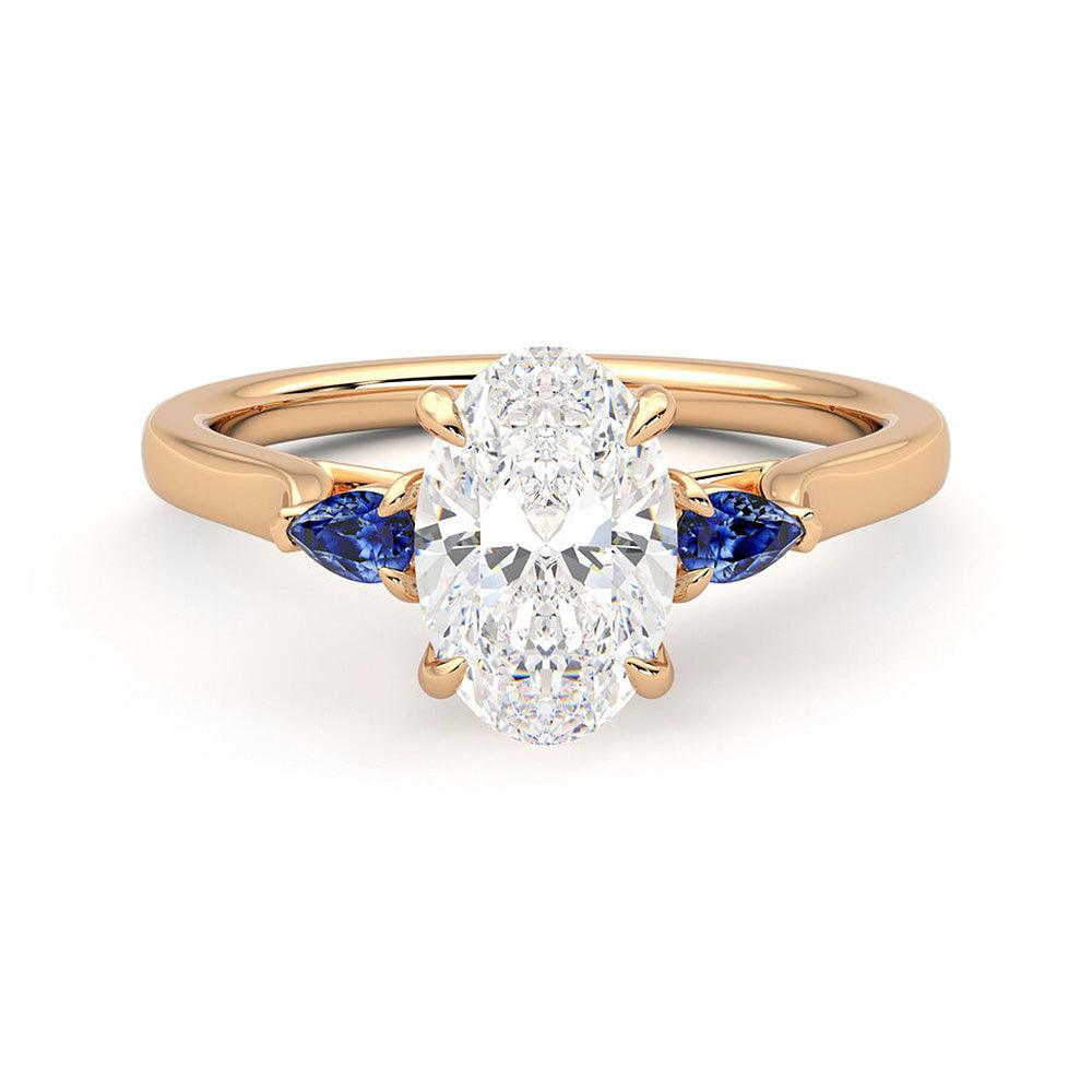 Three Stone Oval Cut Moissanite & Sapphire Engagement Ring with Hidden Anniversary Stone - Perfect for Proposals, Weddings & Anniversary Gifts