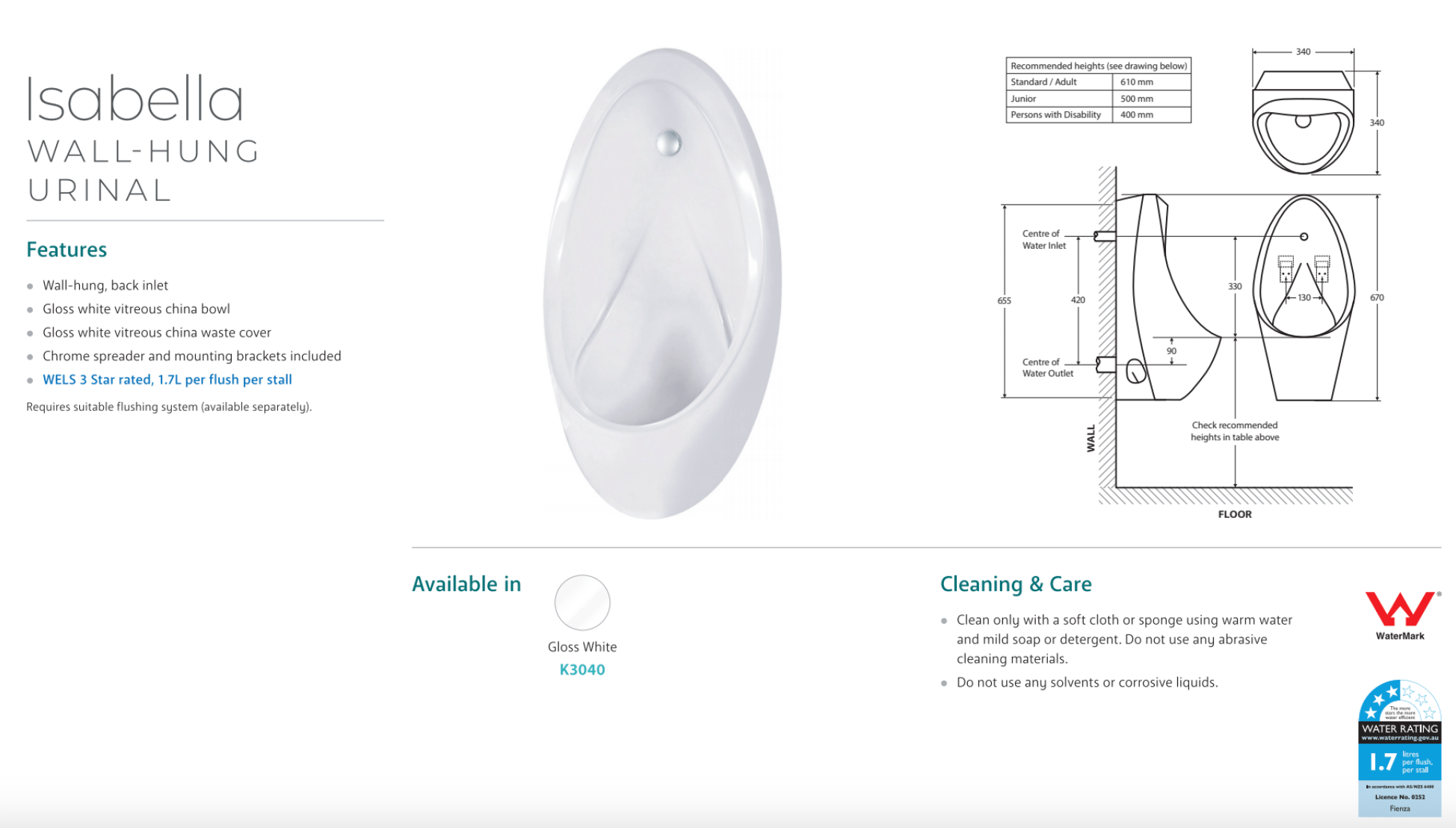 Fienza K3040 Isabella Wall-Mounted Urinal - Space-Saving, Durable & Hygienic for Commercial & Public Restrooms