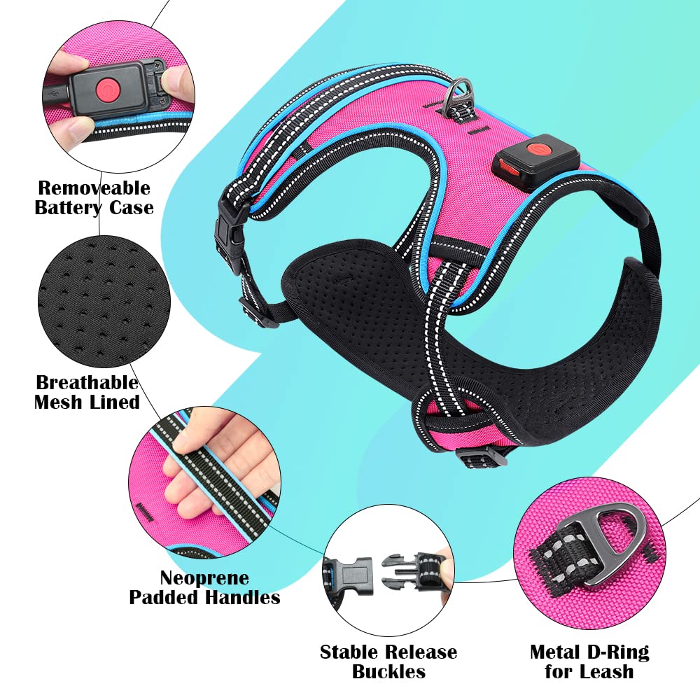 BSEEN Rechargeable LED Dog Harness - No Pull Reflective Safety Vest with Light Up Collar for Night Walking, Pink Large - Perfect for Evening Jogs, Dog Parks & Outdoor Adventures