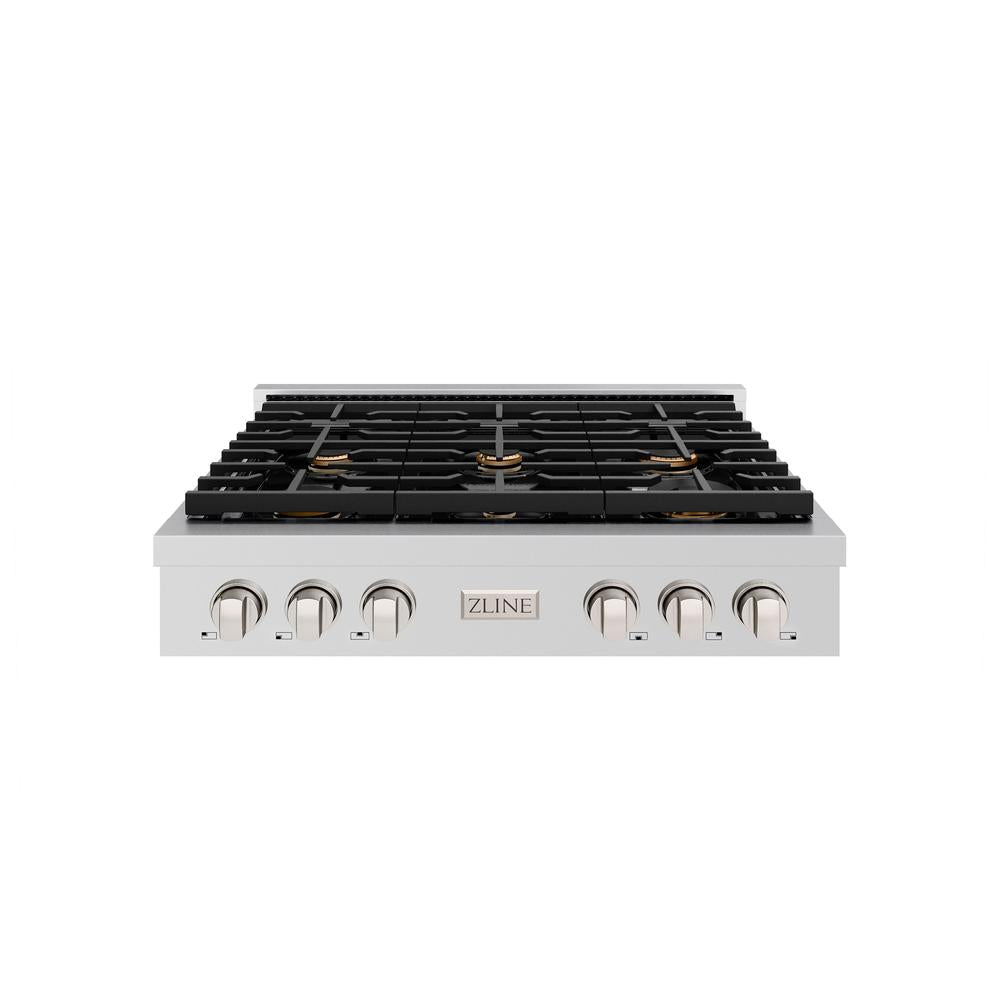 ZLINE 36 Inch Stainless Steel Gas Rangetop with 6 Brass Burners - Professional Porcelain Cooktop for Home Kitchen (SRT BR 36) | Perfect for Gourmet Cooking, Entertaining & Large Family Meals