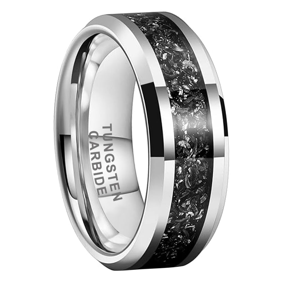 6mm & 8mm Tungsten Wedding Bands for Men & Women - Silver & Black Meteorite Inlay Rings, Comfort Fit, Beveled Edge, Polished Finish - Perfect for Engagement, Promise & Anniversary Gifts
