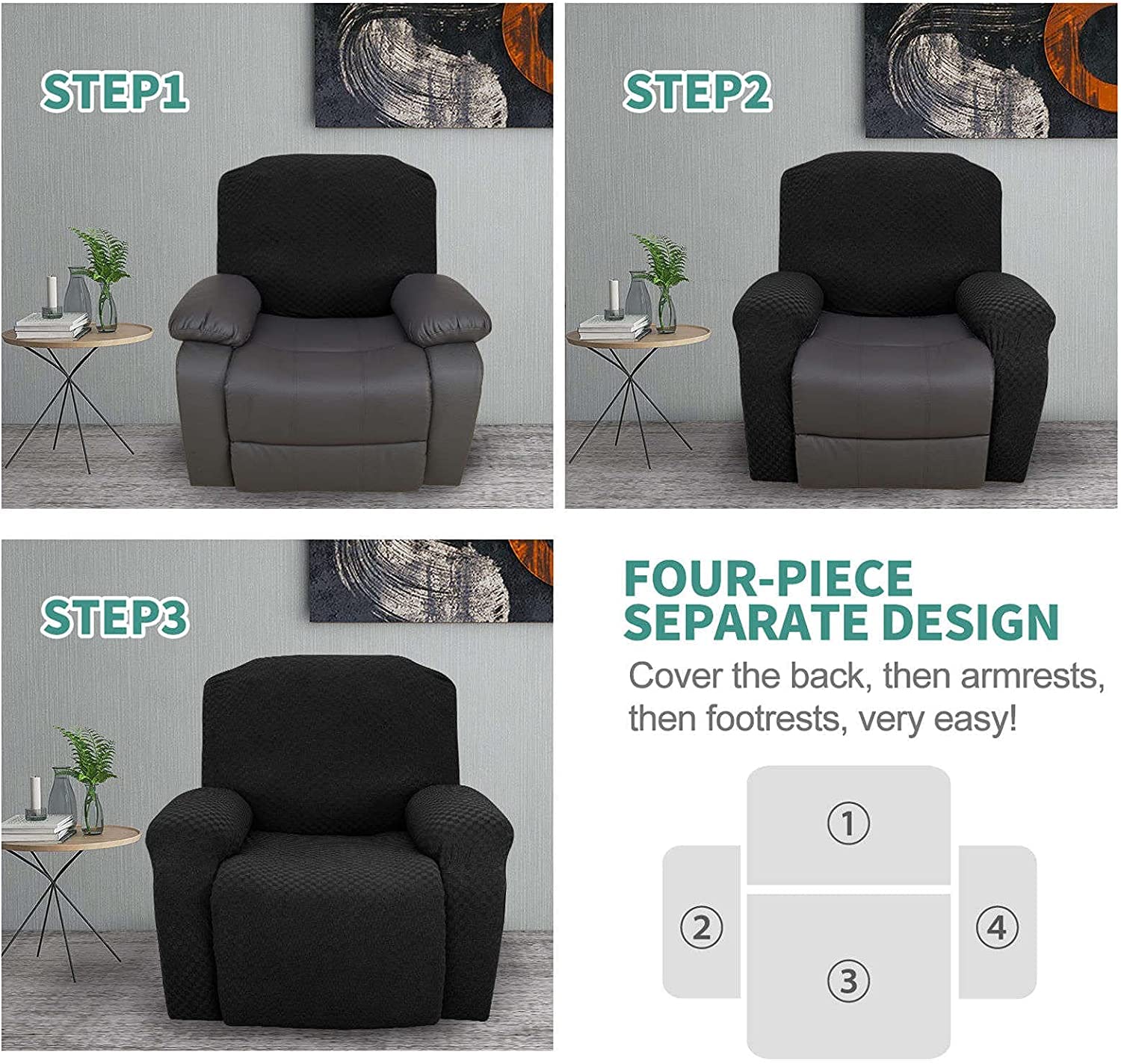Soft Jacquard Stretch Recliner Slipcover with Side Pockets & Non-Slip Elastic Bottom - Breathable Reclining Chair Cover for Living Room Armchairs & Couches (Black, Recliner Size) - Perfect for Home Theater, Reading Nook & Lounge Relaxation