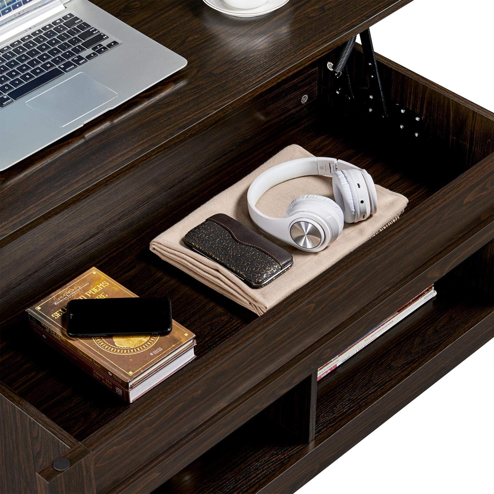 Topeakmart Lift Top Coffee Table with Hidden Storage & 2 Open Shelves - Adjustable Tabletop Living Room Center Table in Espresso Brown | Perfect for Small Spaces, TV Snacks & Remote Storage