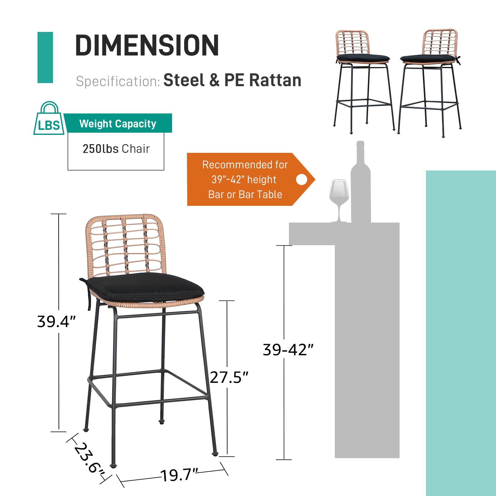 **Patiorama Outdoor Bar Stools Set of 2 – Counter Height Rattan Bar Chairs with Footrest, Hand-Woven Armless Design – Beige & Black Cushion – Perfect for Garden, Pool, Patio, Kitchen, Cafe, and Indoor Use**
