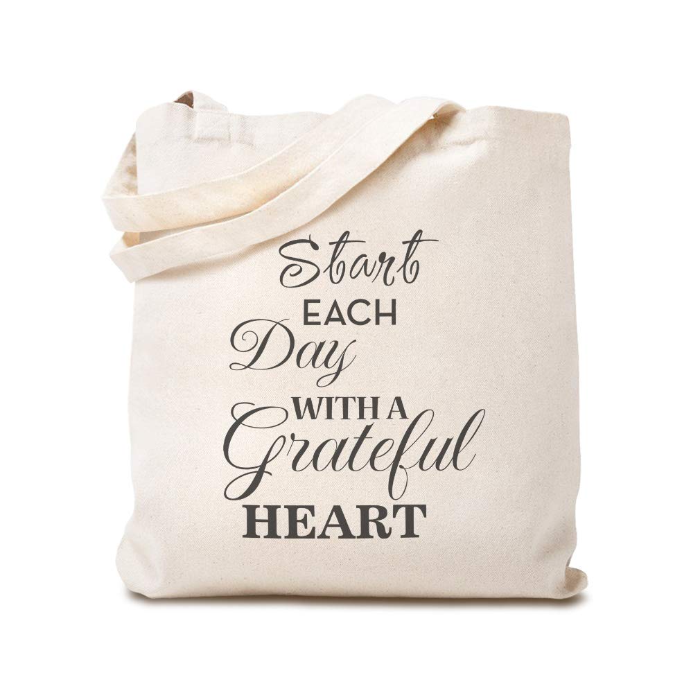 Custom Canvas Tote Bag - Reusable Eco-Friendly Shopping Bag with 'Start Each Day with Grateful Heart' Print - Perfect for Beach, Grocery & Daily Use for Women