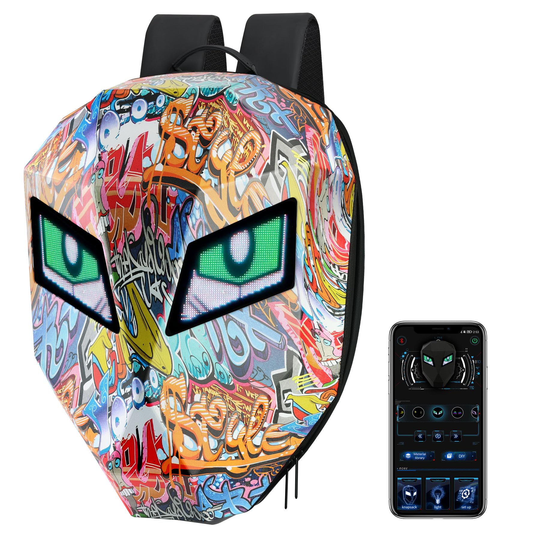 LED Motorcycle Backpack for Men - Full Color Screen, Large Capacity Waterproof Laptop Backpack with Hard Shell Helmet Storage - Perfect for Commuting, Travel & Adventure Rides (Graffiti Design)