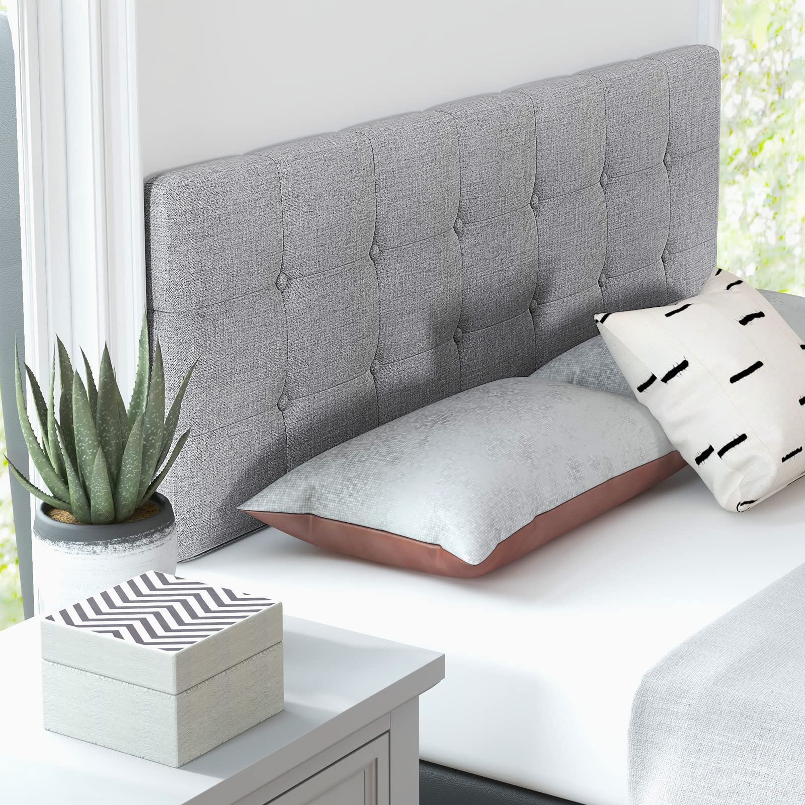 Modern Tufted Button Linen Upholstered Headboard for Full & Queen Size Bed - Adjustable Width with Solid Rubber Wood Legs - Gray - Perfect for Bedroom Decor and Guest Room Setup