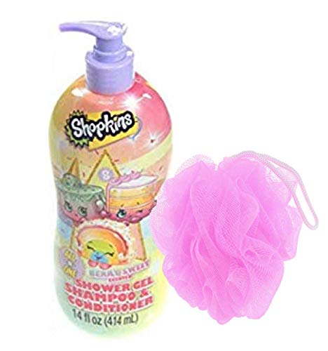 Shopkins Bath Care Bundle - 2 Pack 3-in-1 Shower Gel, Shampoo & Conditioner with Bath Pouf | Kids Bath Time Essentials for Fun & Gentle Cleaning