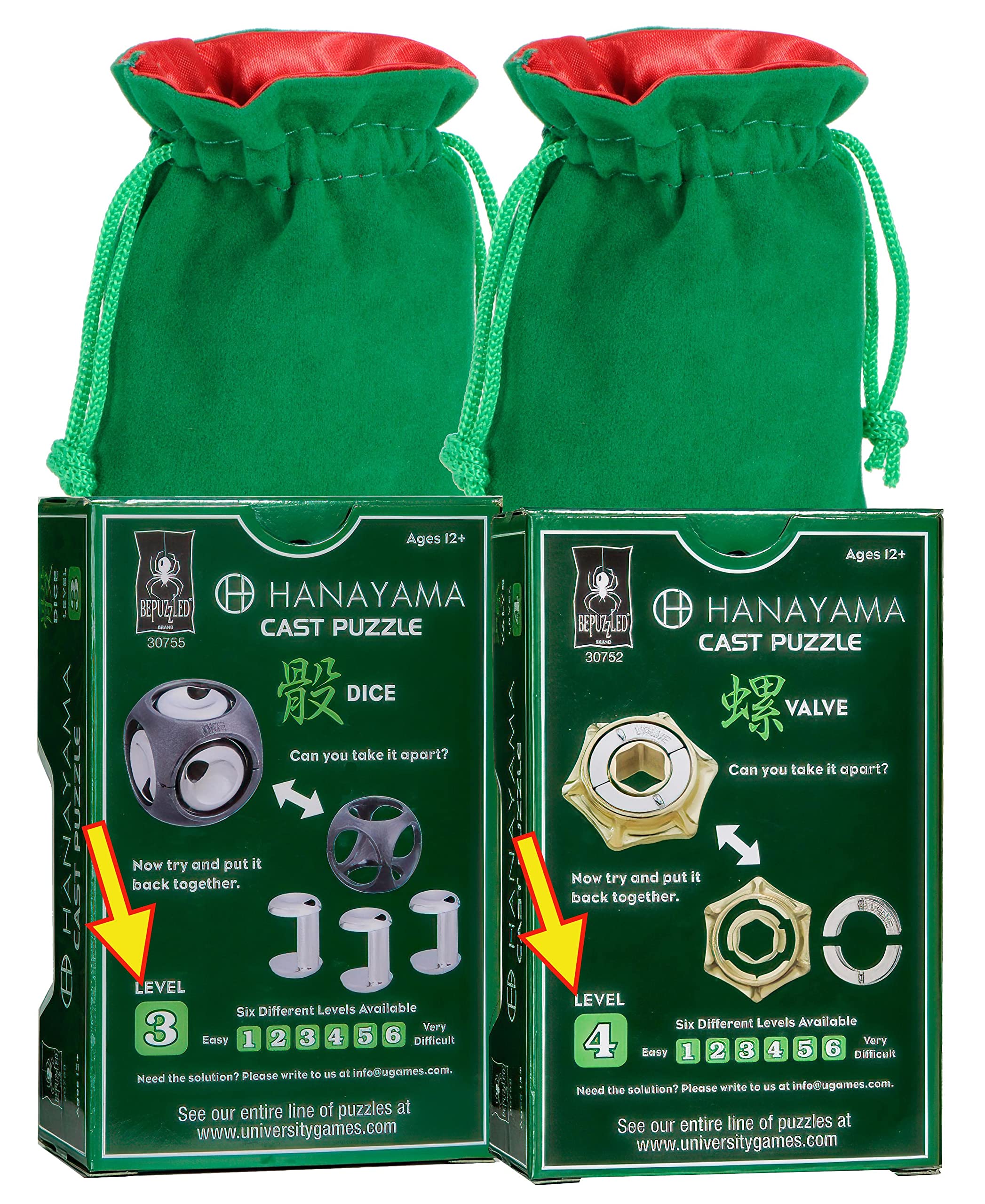 Hanayama Metal Brain Teaser Puzzles - 2022 New Releases Dice & Valve with 2 Green Velveteen/Red Satin Drawstring Pouches - Challenging Logic Games for Adults & Teens - Perfect for Office Stress Relief, Travel Entertainment & Gift Giving