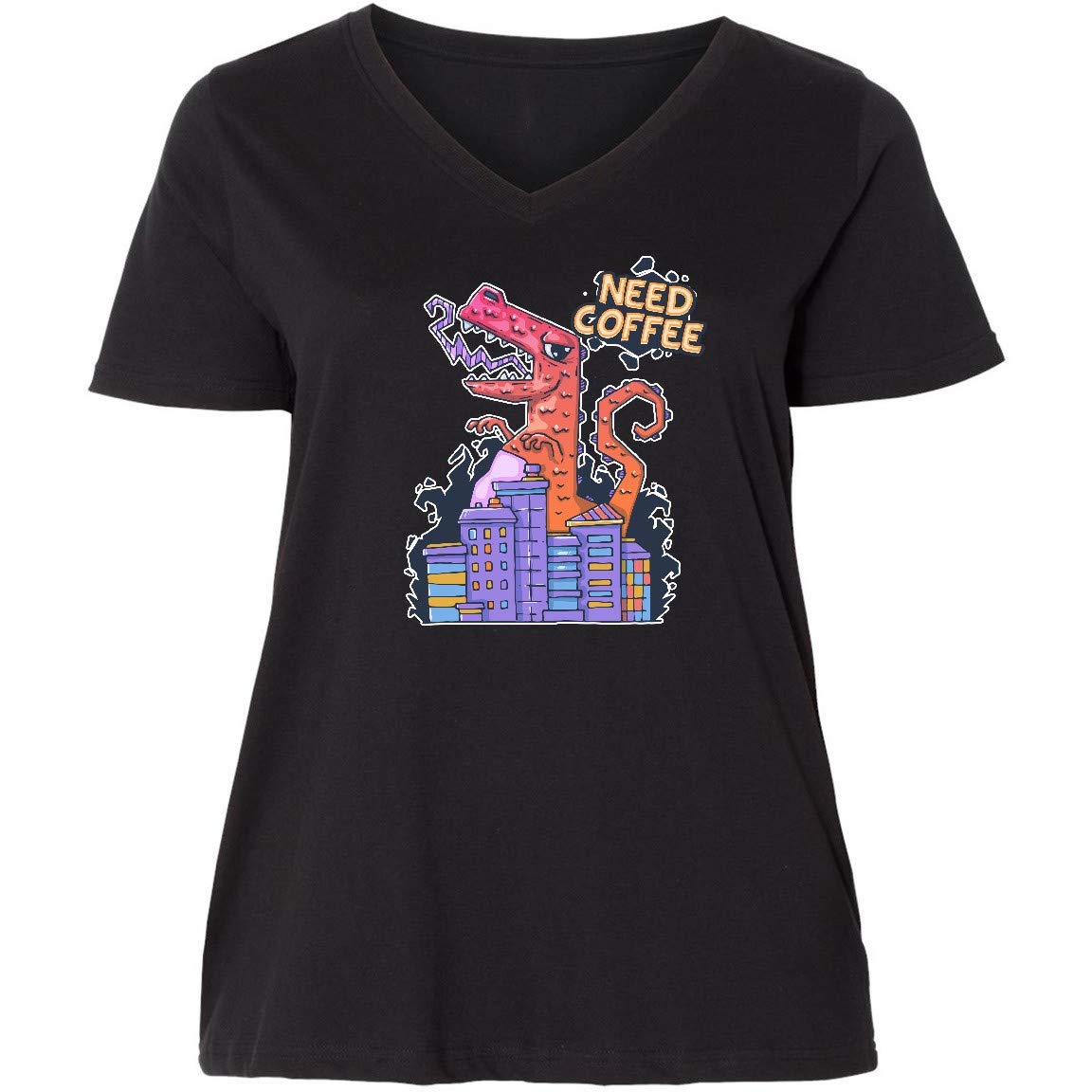 Inktastic Monster Needs Coffee Women's Plus Size V-Neck T-Shirt - Funny Graphic Tee for Casual Wear, Lounge & Work From Home Outfits