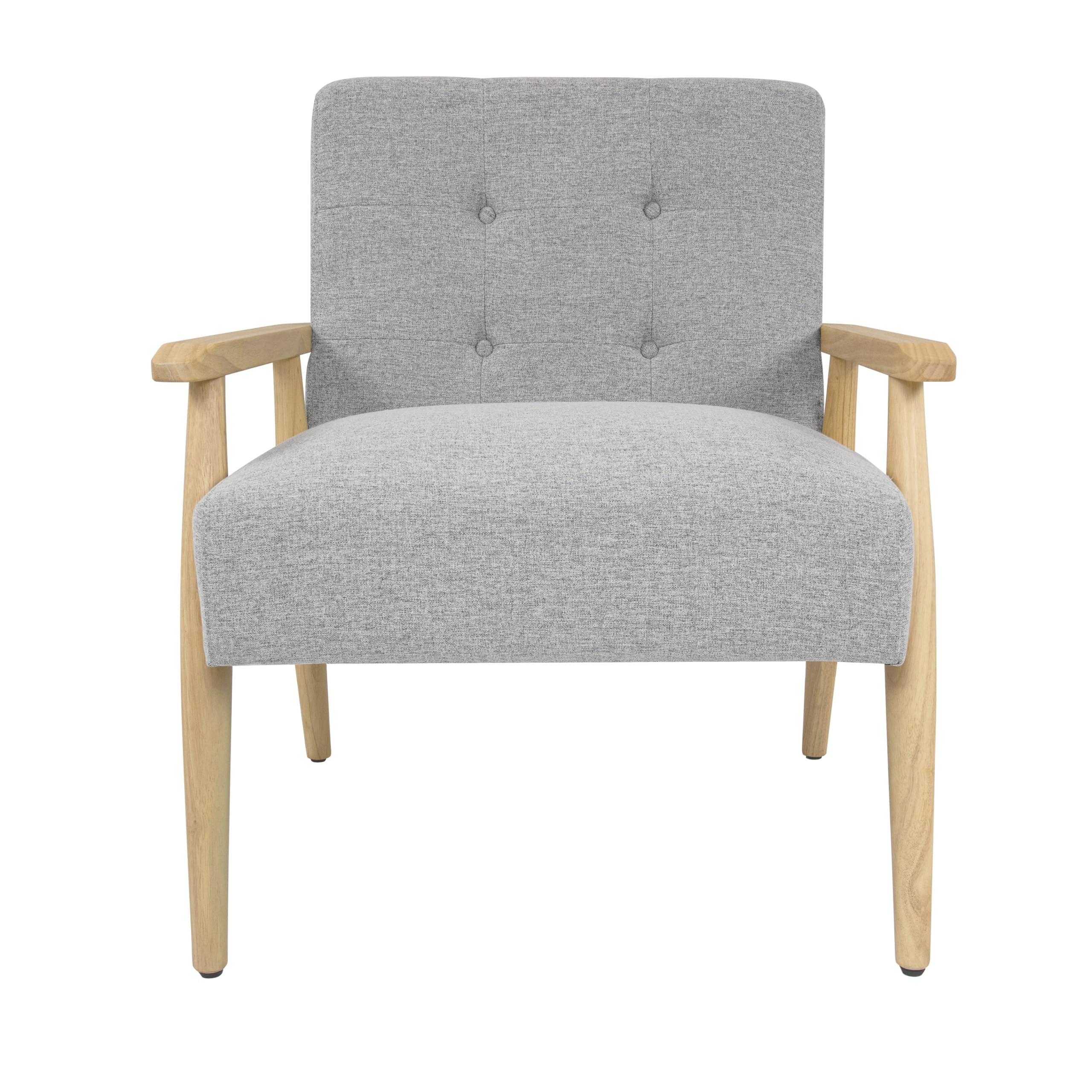 Mid-Century Modern Accent Chair with Upholstered Seat, Wood Armrests & Legs - Light Gray Woven Fabric Living Room & Bedroom Armchair for Home Decor | Perfect for Reading Nooks, Lounge Areas & Guest Rooms