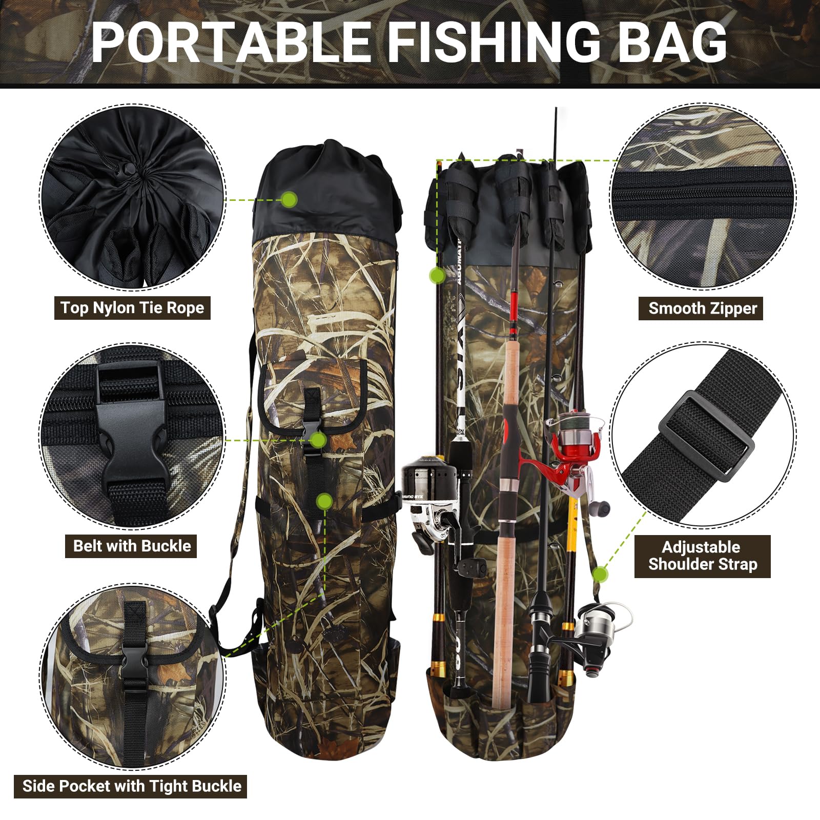 **FOUUAAOOU Fishing Rod Bag - Durable Folding Oxford Fabric Fishing Pole Case, Portable Fishing Gear for Men - Ideal for Travel, Storage & Fishing Gifts (Camouflage)**