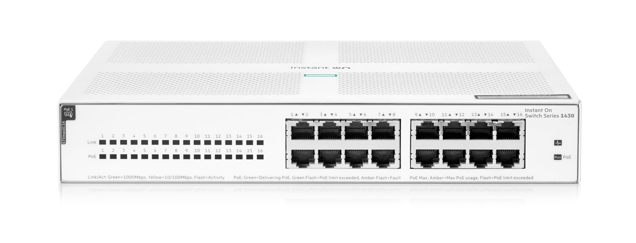 HPE Networking Instant On 1430 16-Port Gigabit Unmanaged Layer 2 Ethernet Switch with PoE | 16x 1G Ports | 16x Class 4 PoE (124W) | Fanless Design | US Power Cord (R8R48A#ABA) - Ideal for Small Business Networks, Office Connectivity & Smart Home Device Powering