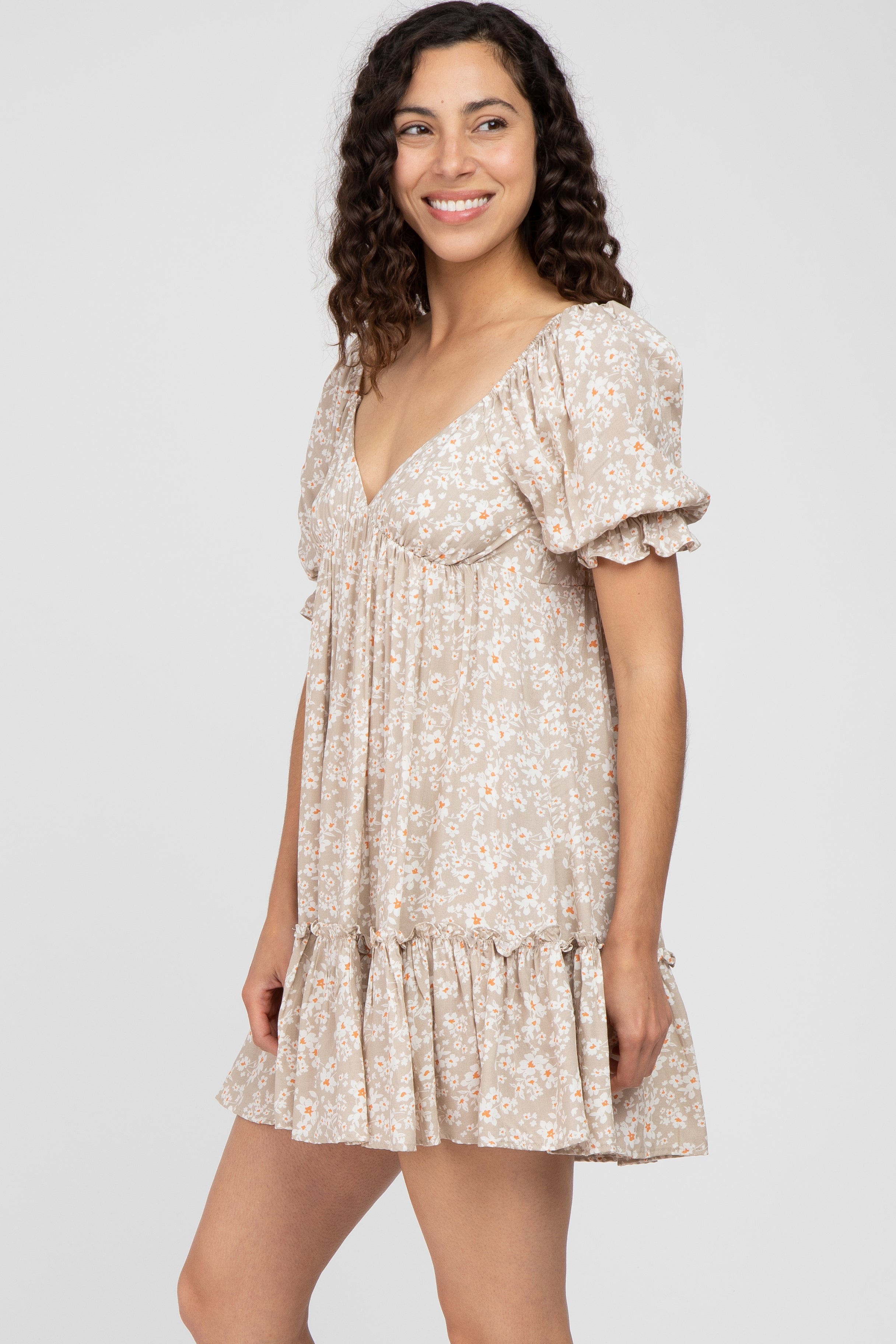 Beige Floral Ruffle Mini Dress for Women - Elegant Summer Party Cocktail Dress, Perfect for Weddings, Dates & Special Occasions