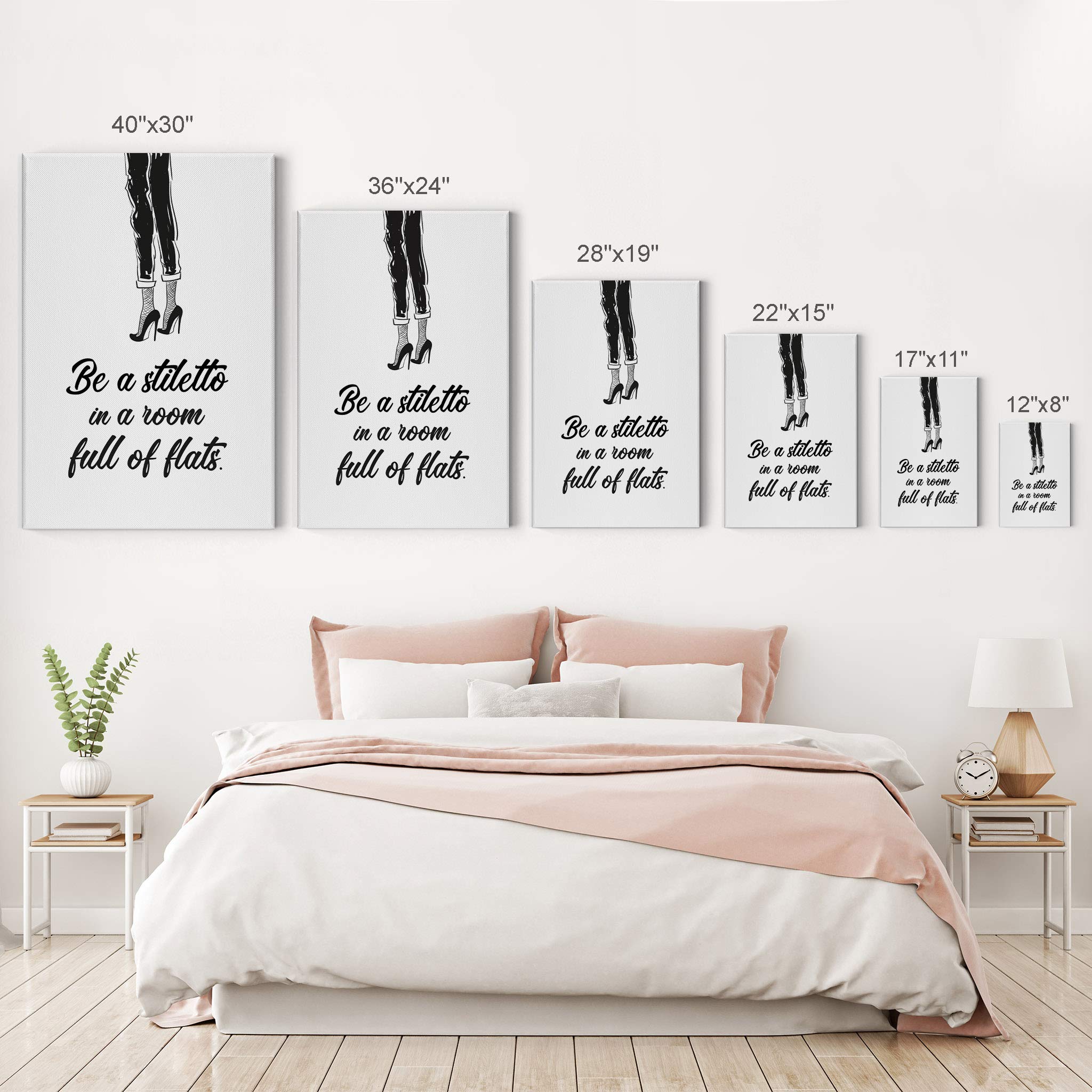 Be a Stiletto in a Room Full of Flats - Black High Heels Sketch Glam Fashion Canvas Print Wall Art (36x24 inches) | Ready to Hang Decor for Bathroom, Girls Room, Women's Dorm, Bedroom & Living Room | Chic Fashion Illustration for Home & Office