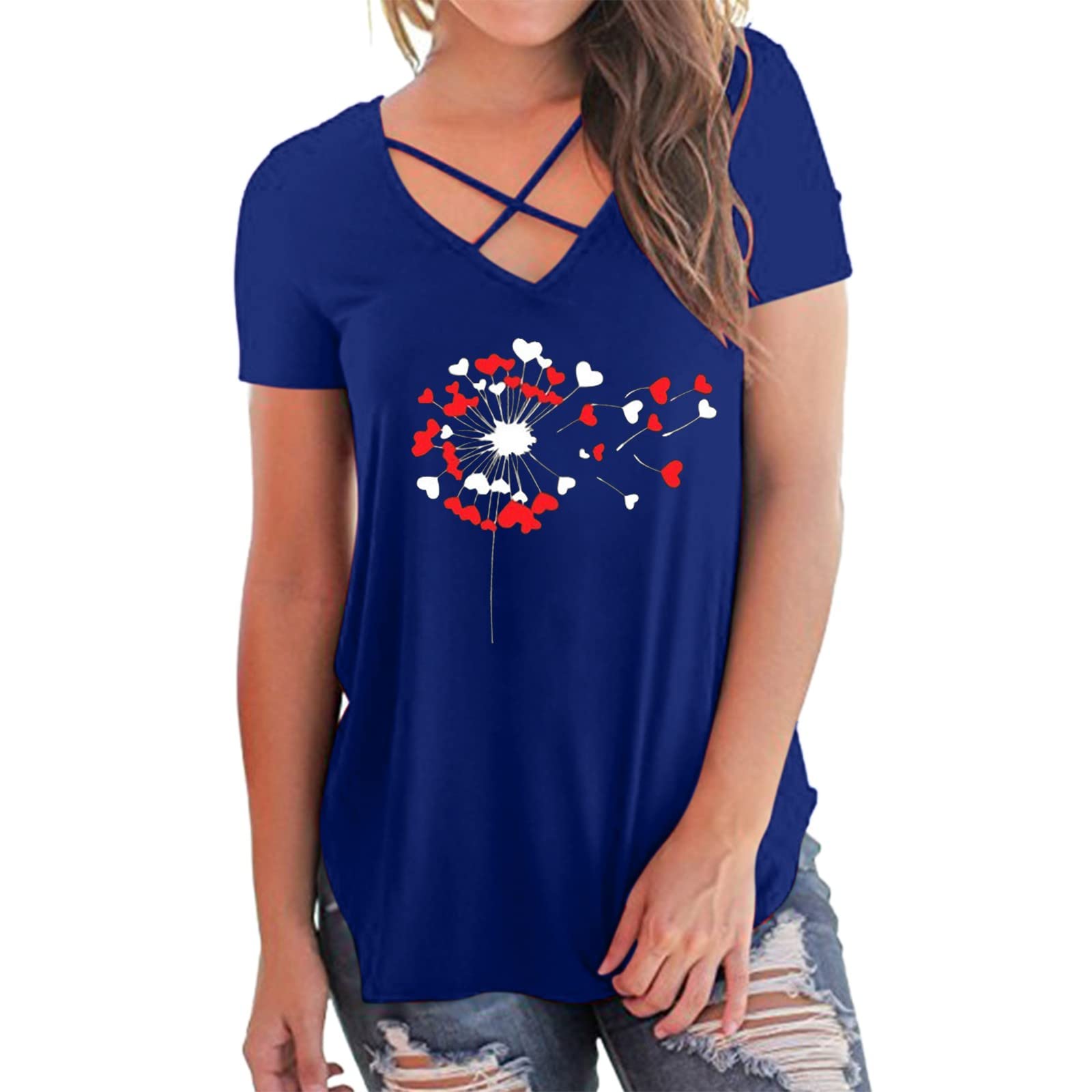 Women's Casual V-Neck Short Sleeve Printed Tunic Top - Criss Cross Comfort Blouse for Summer - Perfect for Beach Outings, Weekend Wear & Casual Office Attire
