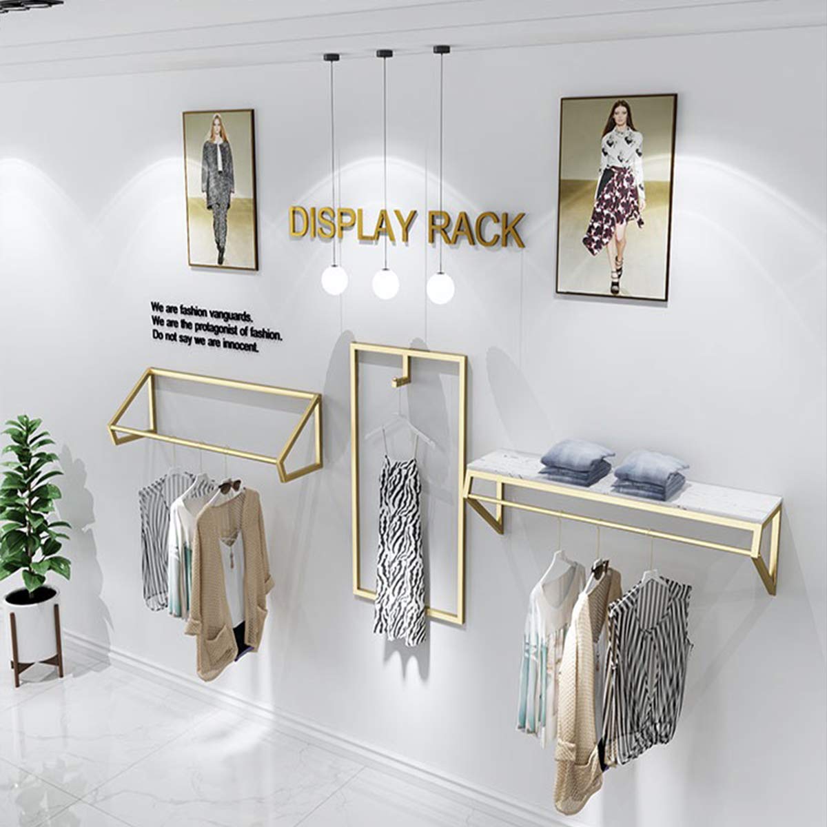 Modern Heavy Duty Metal Wall-Mounted Garment Rack with Wood - Gold Square Tube Clothes Rail for Men's & Women's Clothing Store Display or Bathroom Hanging Towel Organizer (Model B-39 L)