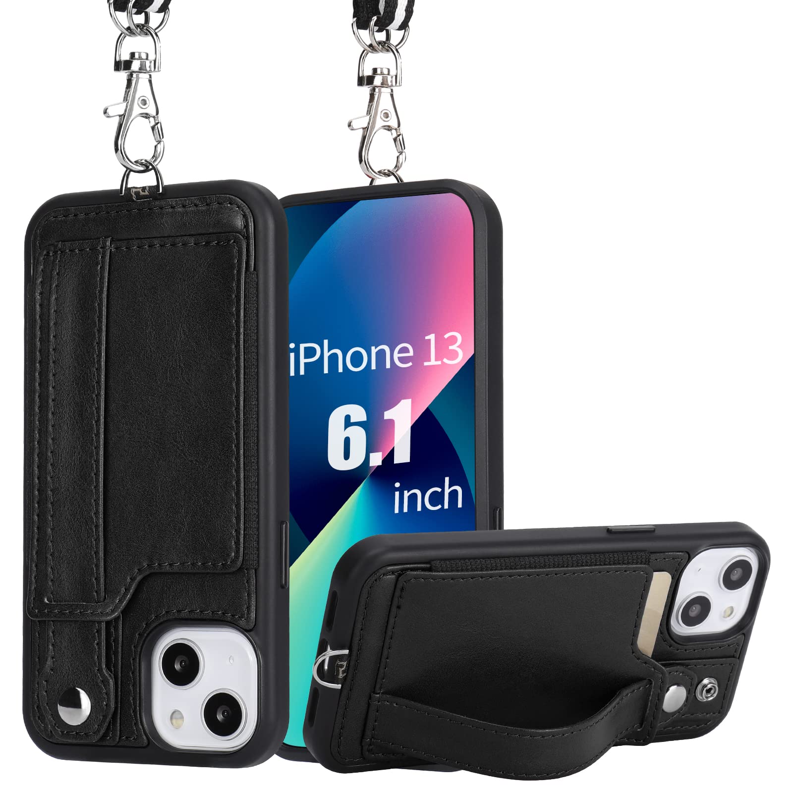 TOOVREN iPhone 13 Wallet Case with Card Holder & Phone Lanyard - PU Leather Protective Cover with Stand for iPhone 13 (6.1 Inch) - Black - Perfect for Everyday Use, Travel & Hands-Free Convenience (Men & Women)