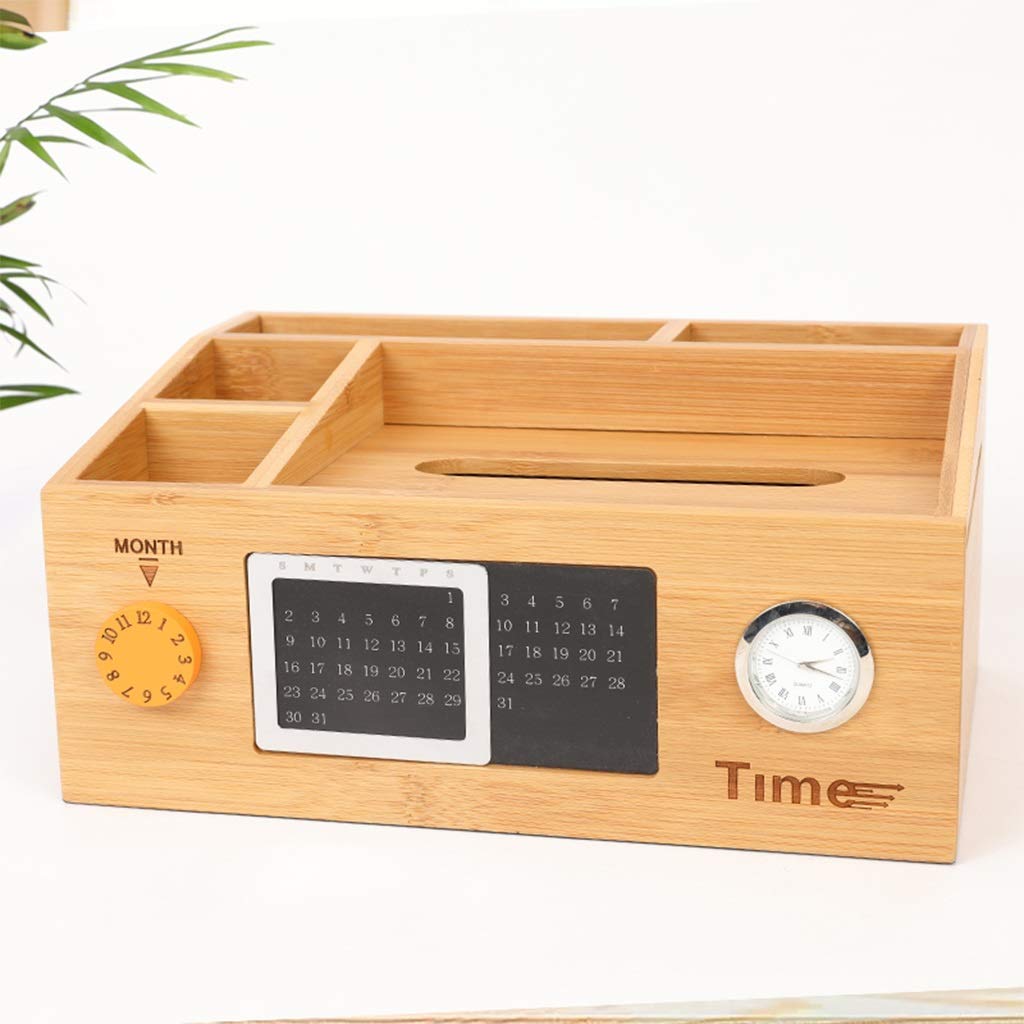 JTB Antique Bamboo & Wooden Desk Organizer - Multifunctional Storage Box with Pen Holder, Calendar & Clock - Perfect for Organizing Office Supplies, Pens, Pencils & Business Cards | Ideal for Home Office, Study Desk & Workspace Organization