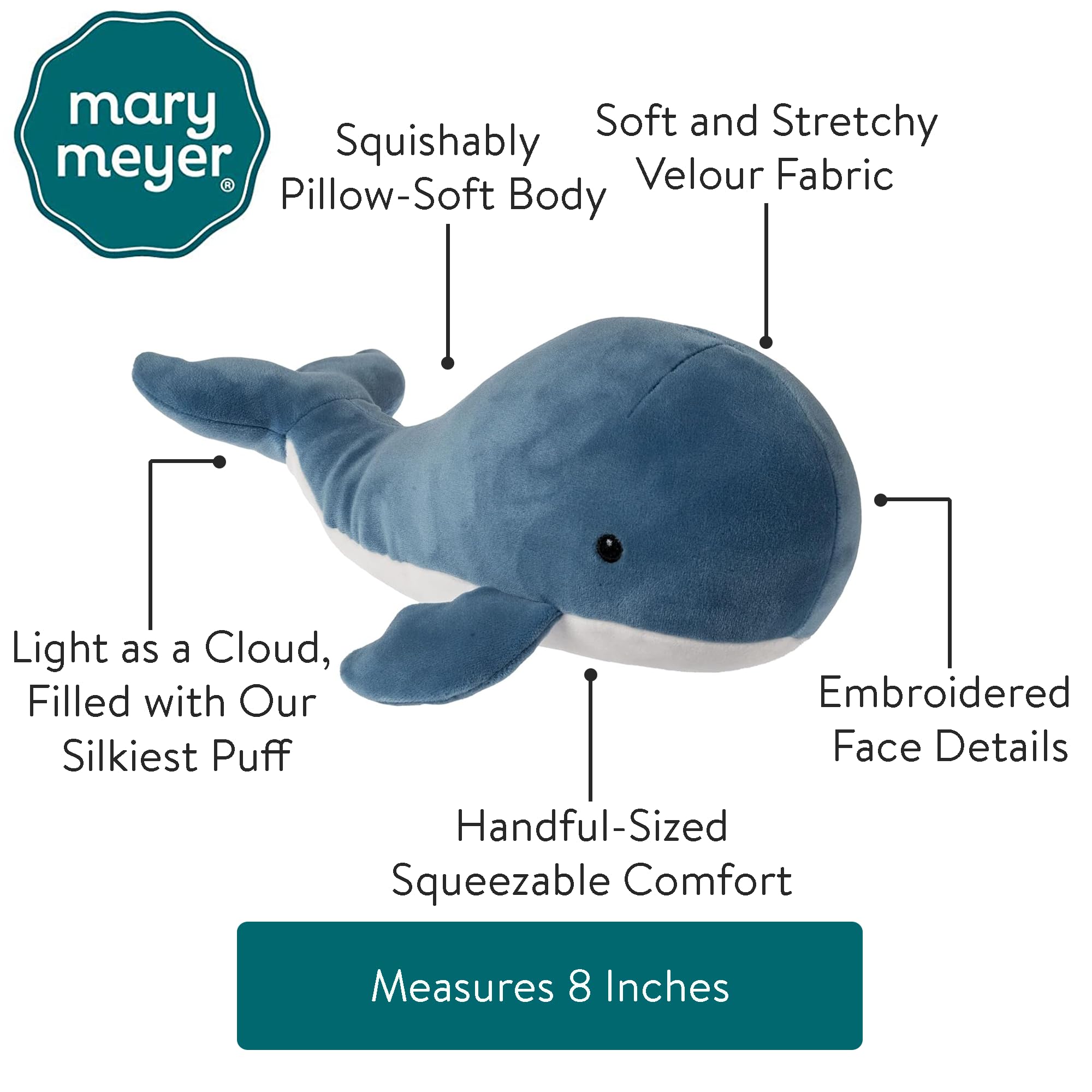 Mary Meyer Smootheez Ultra-Soft Blue Whale Stuffed Animal - 8-Inch Plush Pillow Toy for Kids, Cuddly Nursery Decor & Comforting Travel Companion