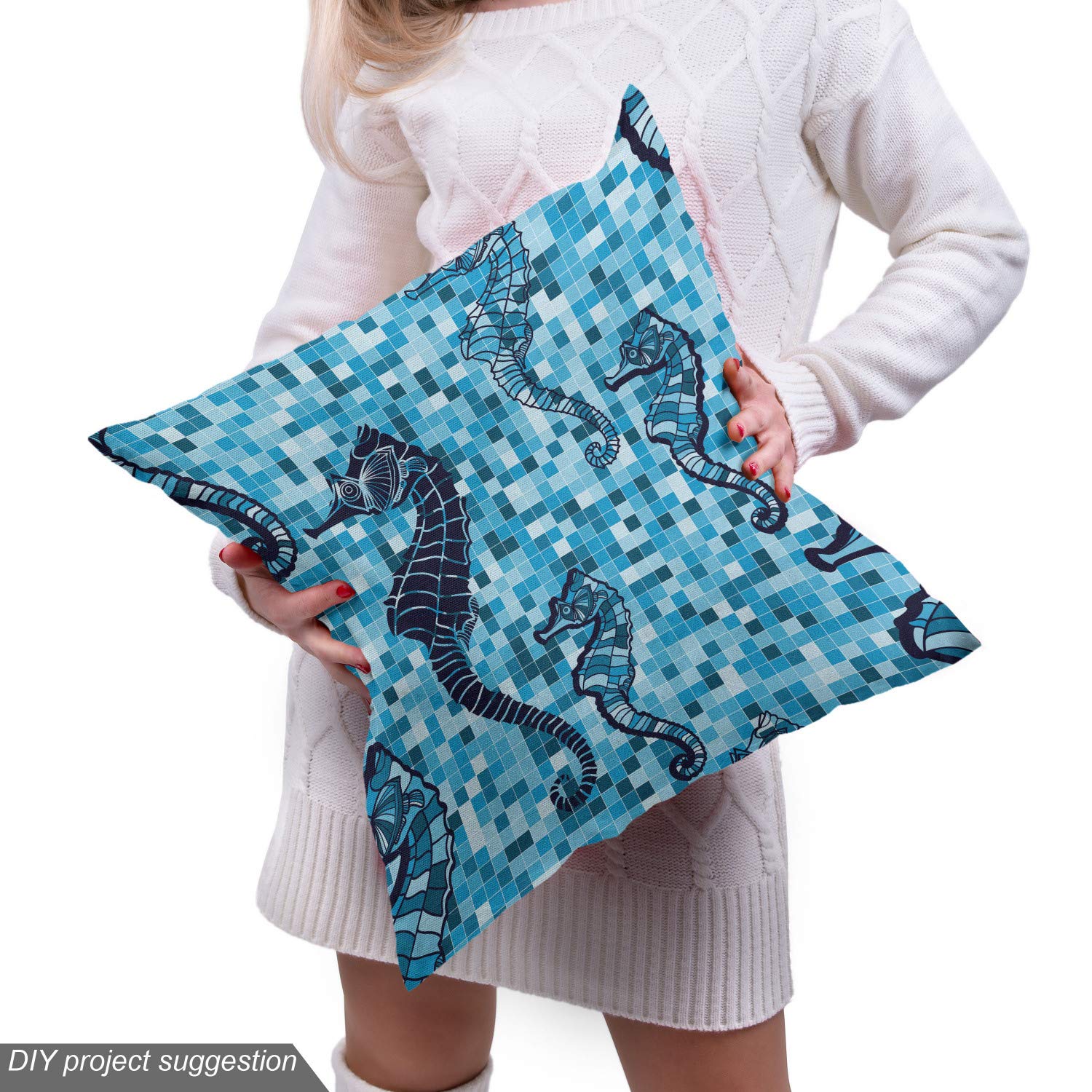 Ambesonne Animal Print Fabric by The Yard - Mosaic Tile Pattern Nautical Ocean Life Marine Creature Artwork - Decorative Upholstery Fabric for Sofa, Curtains, Pillows - 10 Yards Navy Turquoise Blue - Perfect for Coastal Home Decor & DIY Craft Projects