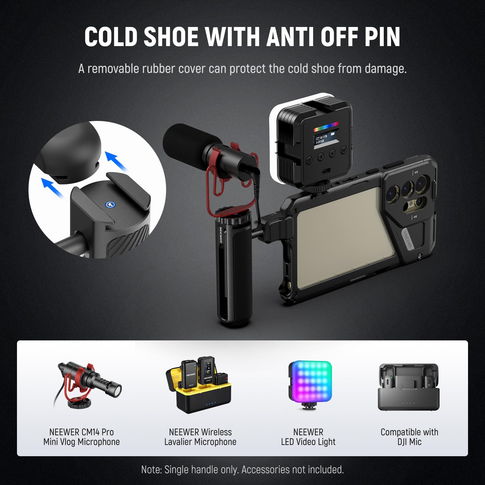 NEEWER Quick Release Side Handle for Phone Cage - Compatible with iPhone 16 Pro/16 Pro Max (PA073/PA074), Samsung S24 Ultra (PA042) - Anti-Slip Pin, Black Lock, Cold Shoe Mount - Perfect for Vlogging, Live Streaming & Mobile Filmmaking (PA045B)