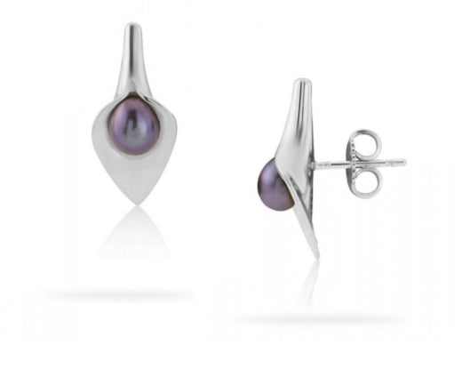 Amanda Cox Silver Peacock Black Pearl Calla Lily Stud Earrings for Women - Elegant Jewelry Gift for Wedding, Party & Special Occasions