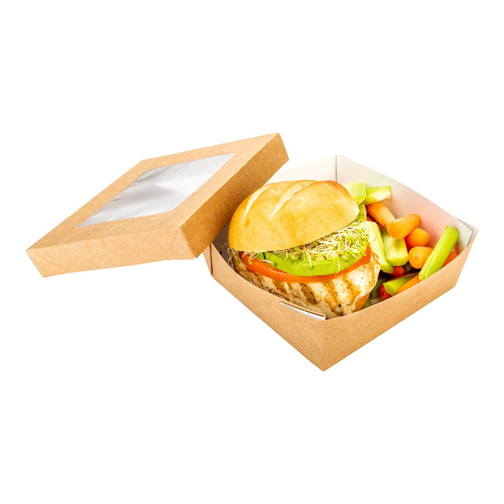 Restaurantware Cafe Vision 27oz Clear Window Dessert Boxes - 200 Pack Greaseproof Kraft Paper Baking Containers with Detachable Lid for Strawberry Cakes, Cupcakes, Pastries & Snacks - Perfect for Bakeries, Cafes & Gift Packaging