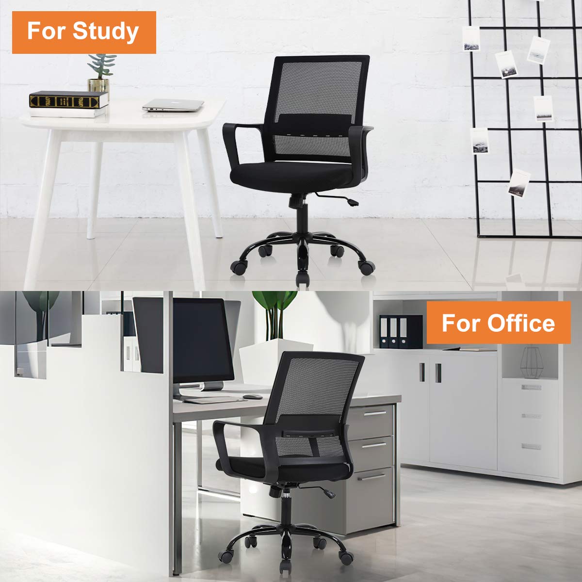 Ergonomic Mid-Back Mesh Office Chair with Adjustable Lumbar Support - Swivel Rolling Computer Desk Chair for Home & Office Use - 250lbs Weight Capacity (Black) - Perfect for Long Work Hours, Gaming & Study Sessions