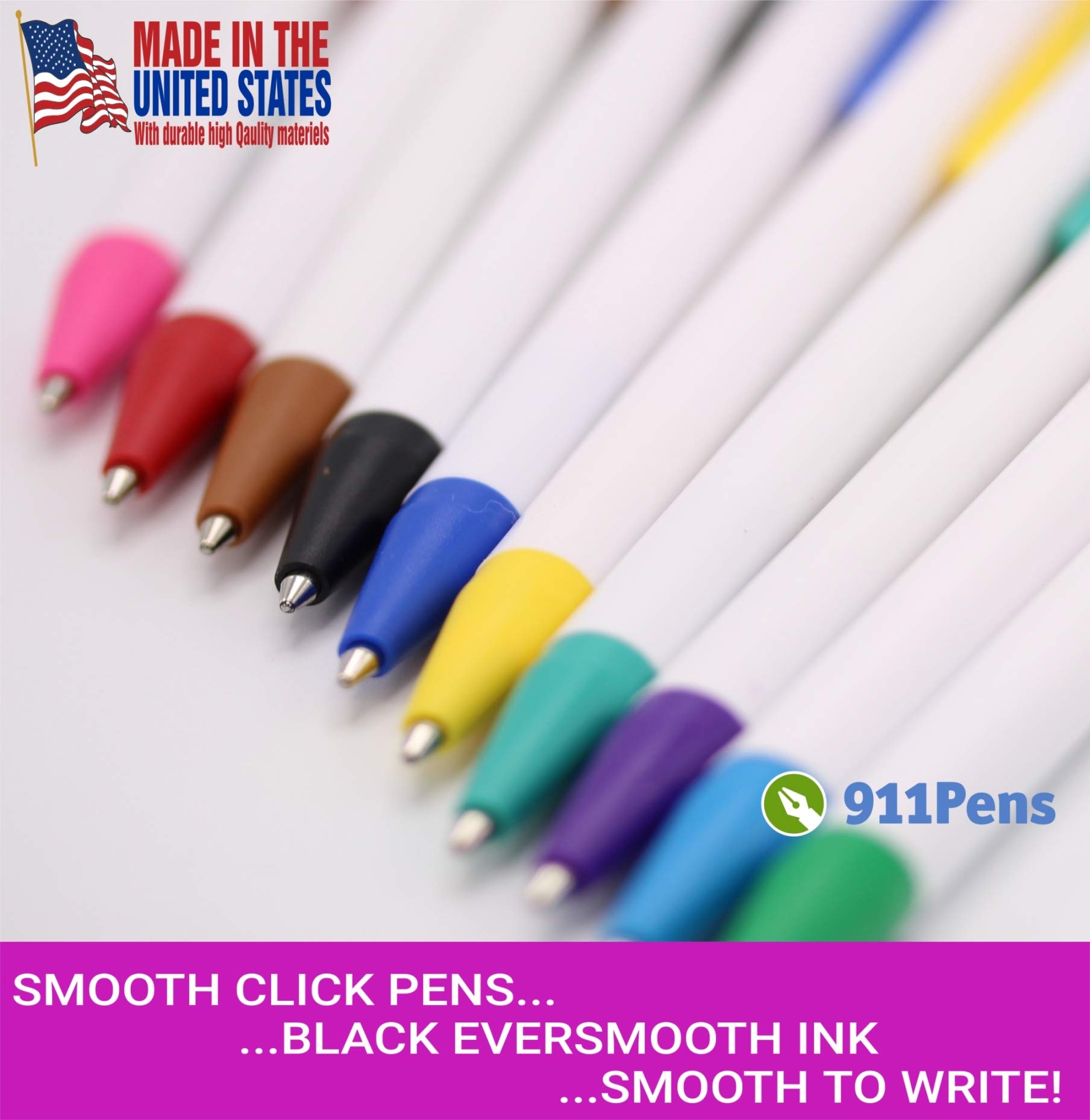 911PENS USA Made Custom Ballpoint Pens - Personalized with Your Logo & Text - Bulk Pack of 500 White Pens with Medium Blue Trim - Perfect for Corporate Gifts, Promotional Events & Office Supplies