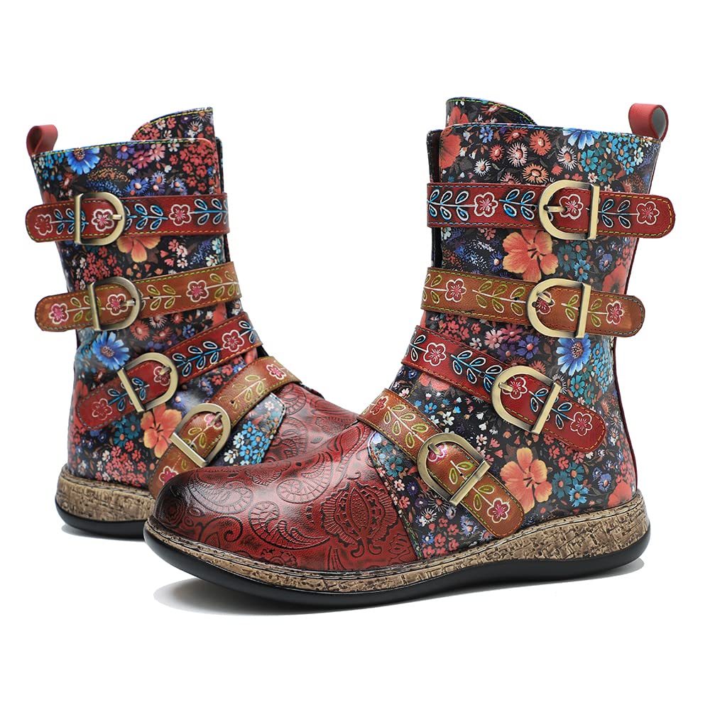 Women's Vintage Leather Mid Calf Boots - Side Zipper Ankle Boots with Bohemian Floral Pattern, Round Toe Flat Casual Riding Boots for Autumn Winter | Anti-Slip Comfort Walking Shoes for Outdoor, Work & Daily Wear