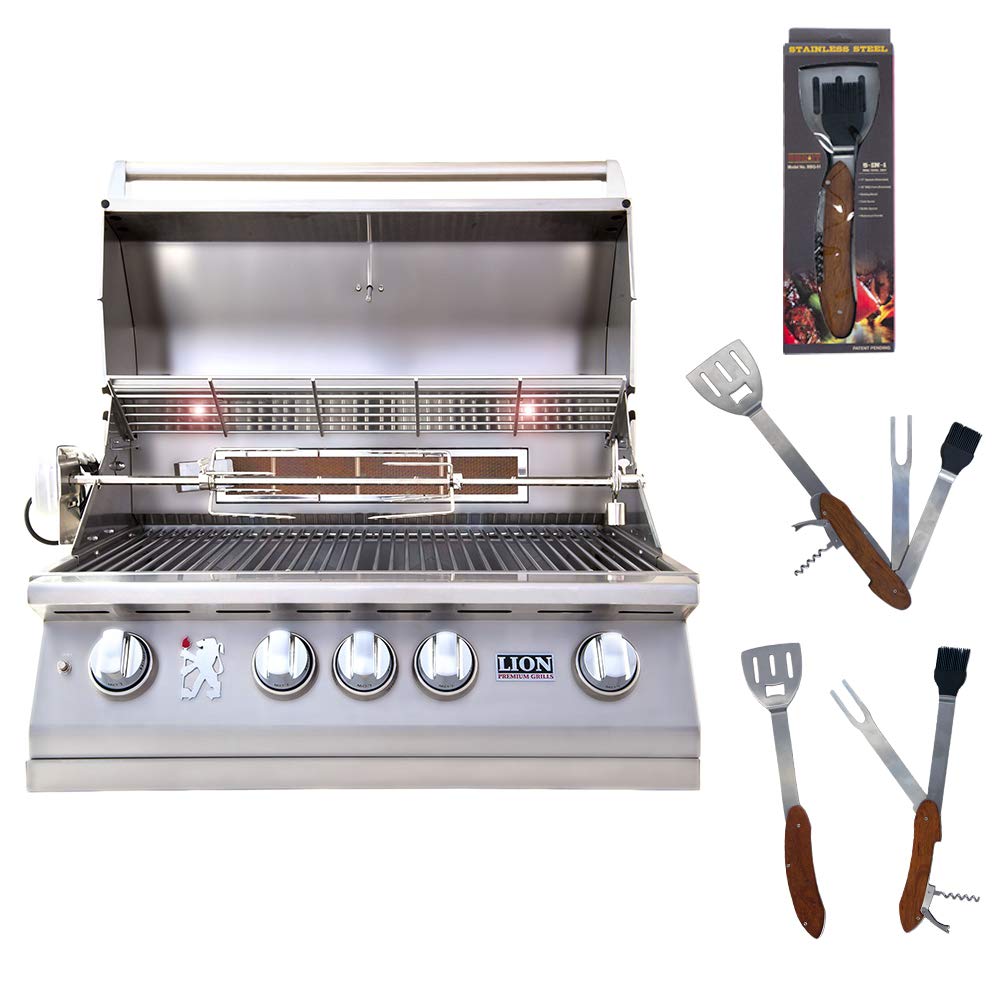 Lion Premium Grills 32 Inch 4-Burner Propane Gas Grill L75000 with 5-in-1 BBQ Tool Set - Outdoor Cooking, Backyard Grilling, Patio Parties & Camping