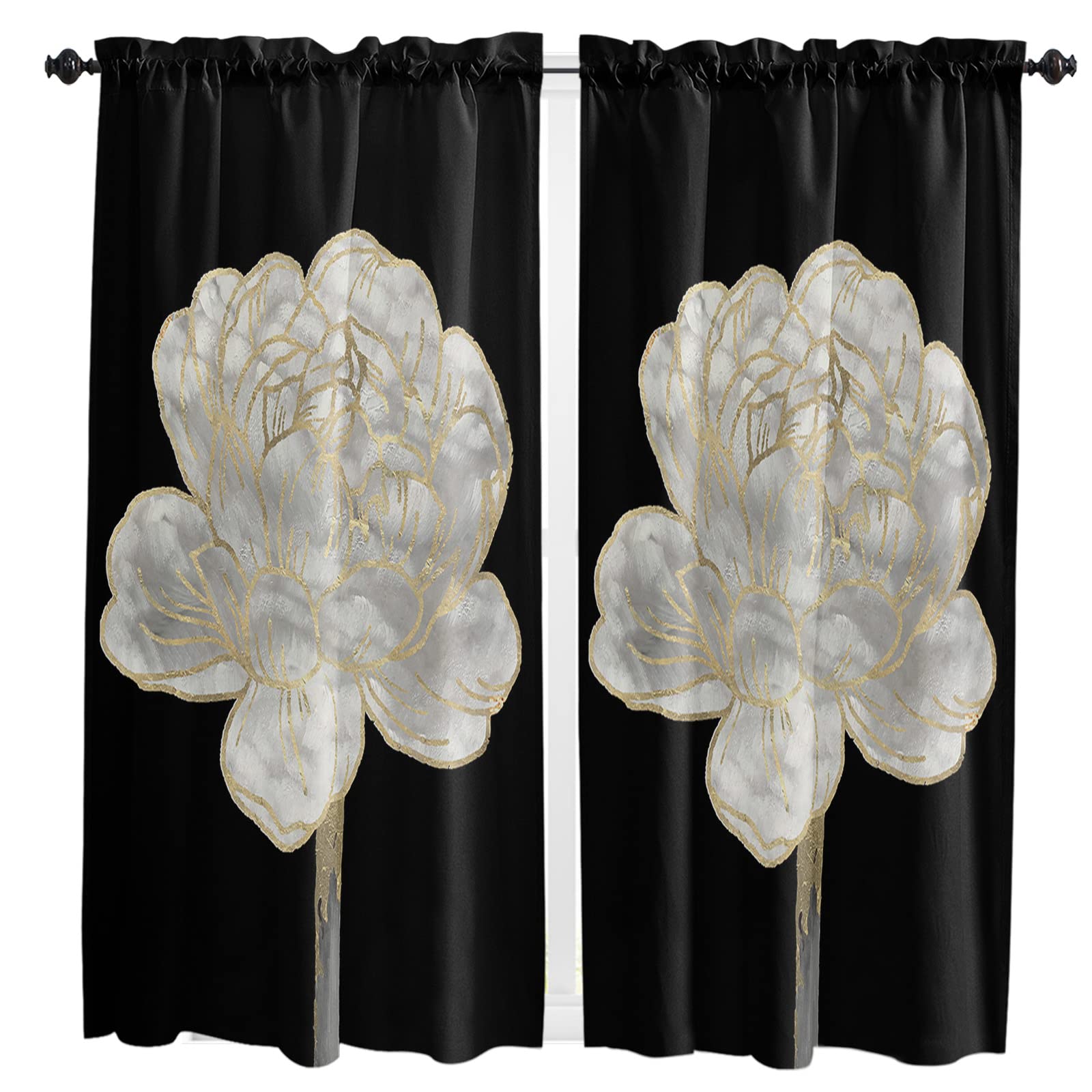White Floral Window Curtains 63 Inches Long - Set of 2 Panels with Abstract Flower Design, Light Filtering Rod Pocket Curtains for Kitchen, Bathroom, Cafe & Bedroom - Perfect for Home Decor, Privacy & Sun Protection