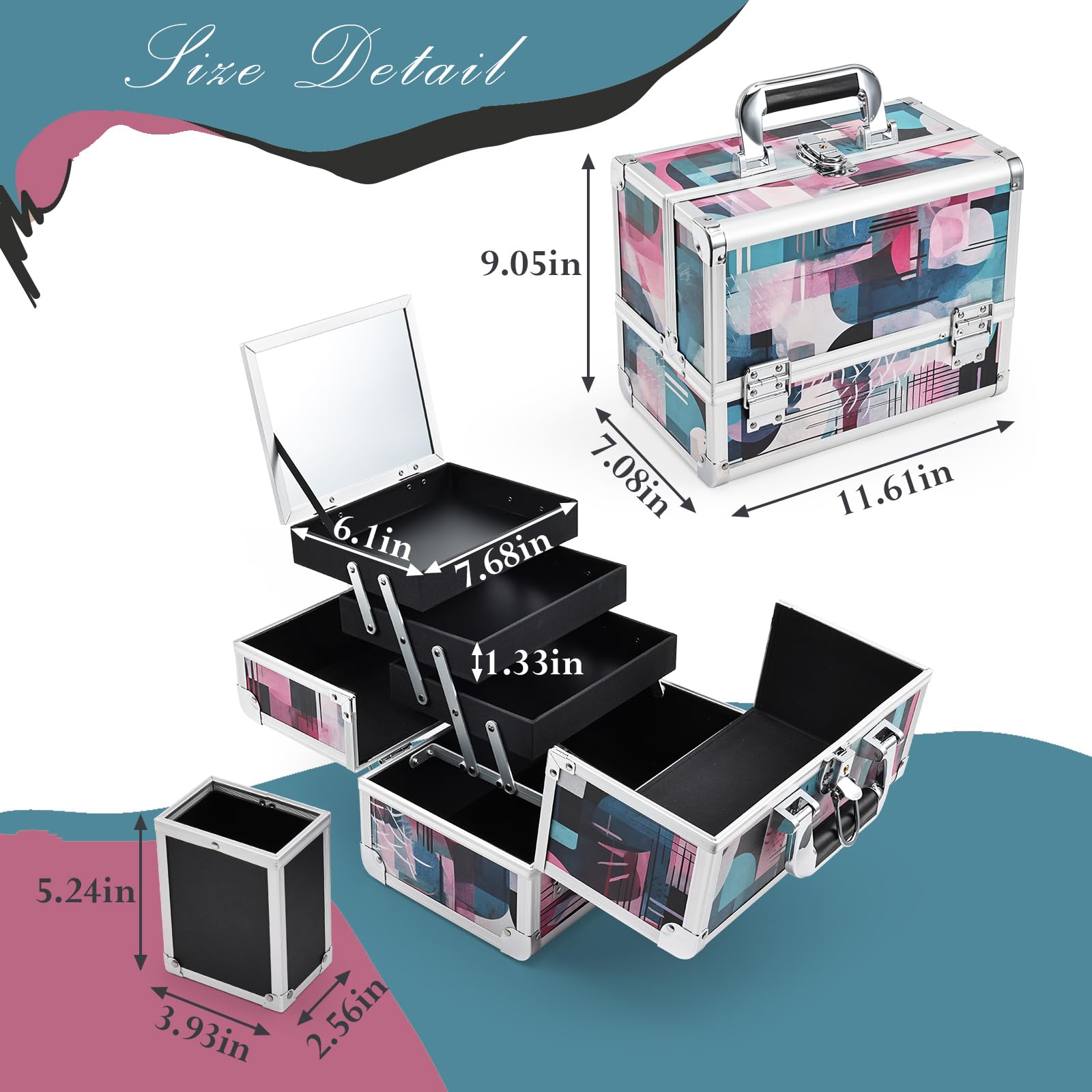 Professional 11.6 Inch Extra Large Makeup Train Case - 3-Tier Cosmetic Organizer with Mirror, Brush Holder & Lockable Keys - Modern Aquarelle Design for Travel, Salon & Professional Makeup Artists