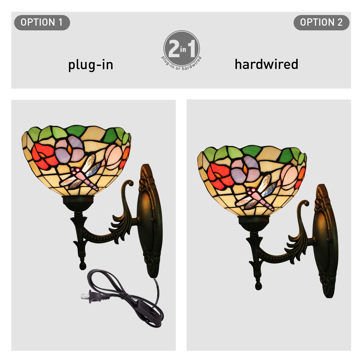 Handcrafted Tiffany Style Wall Sconce with UL Plug-in Cord - Antique Louis Comfort Tiffany Inspired Stained Glass Shade Light Fixture for Living Room, Bedroom & Hallway Decor