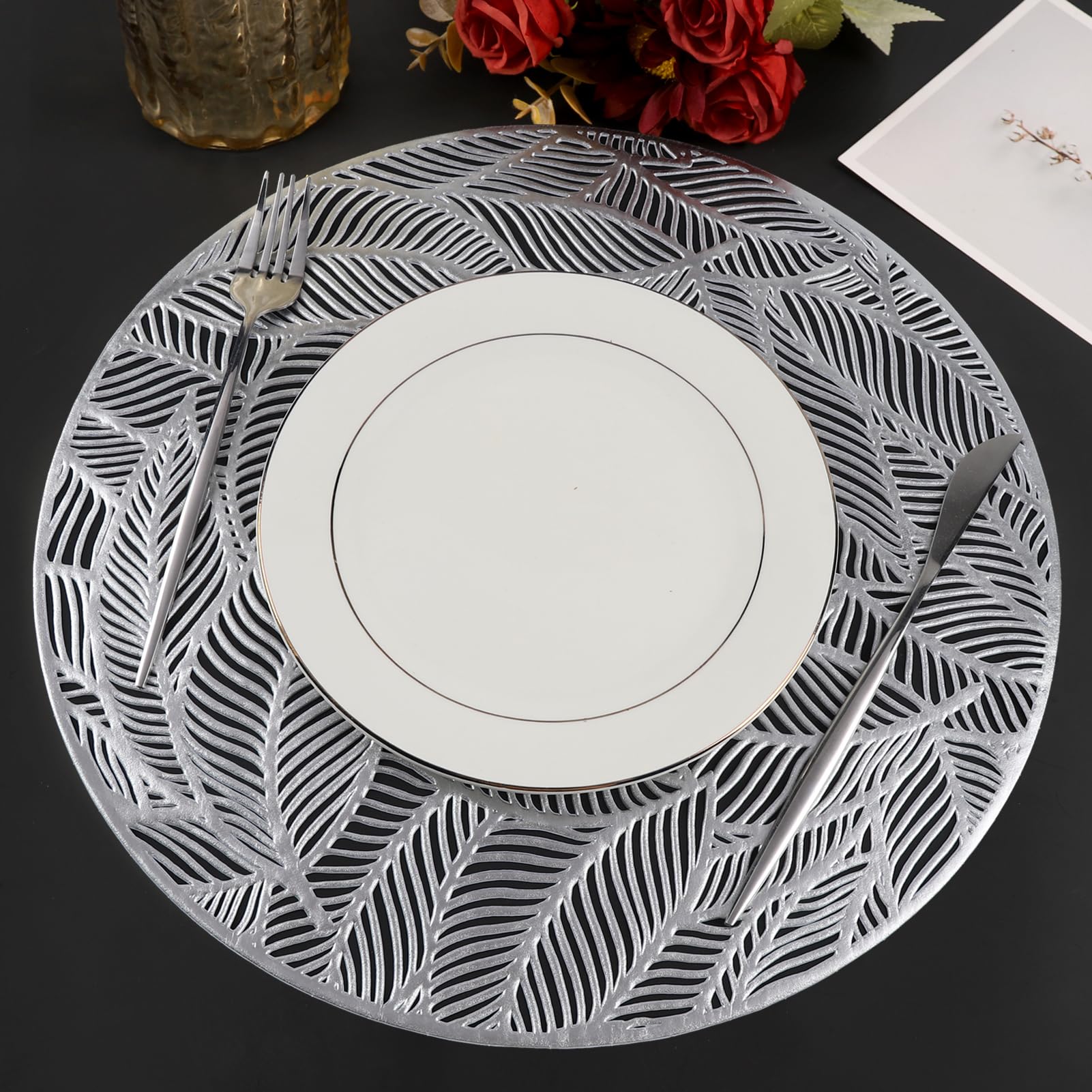 6-Pack Round Leaf Vinyl Placemats for Dining Table - Hollow Cutout Design Silver Table Mats for Holiday, Wedding & Party Decor - Elegant Dinner Table Centerpiece Decoration for Home Entertaining