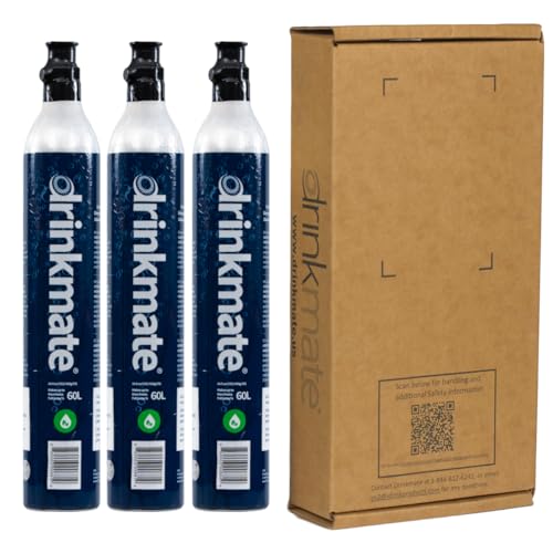 Drinkmate 60L CO2 Carbonation Cylinders - 3 Pack, Compatible with SodaStream (Screw-In), Aarke, Ninja Thirsti - 14.5 Oz Refillable Gas Canisters for Sparkling Water, Soda & Cocktails | Home & Office Beverage Carbonation System