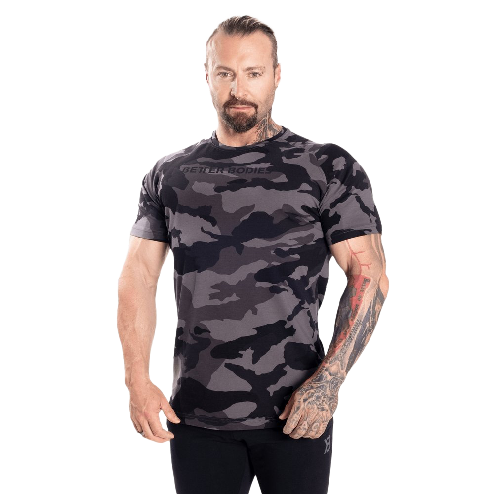 Better Bodies Gym Tapered Tee - Dark Camo Workout Shirt for Men | Moisture-Wicking Fitness Apparel for Weightlifting & Cross Training